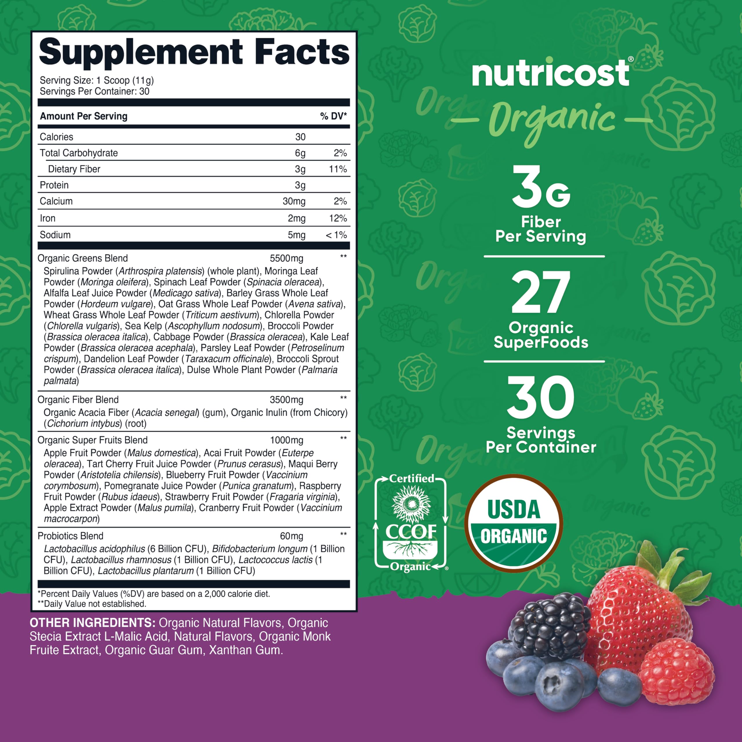 Nutricost Poudre Bio Super Aliments Verts en verre avec mélange fruits rouges pour démarrer la journée