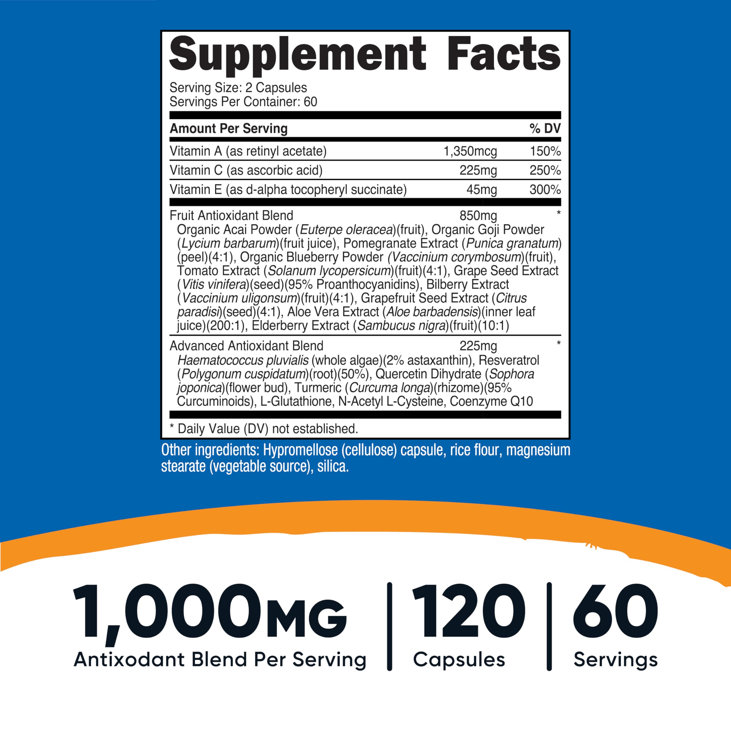 Nutricost Super Antioxydants, emballage clair et étiquette informative pour guider l'achat.