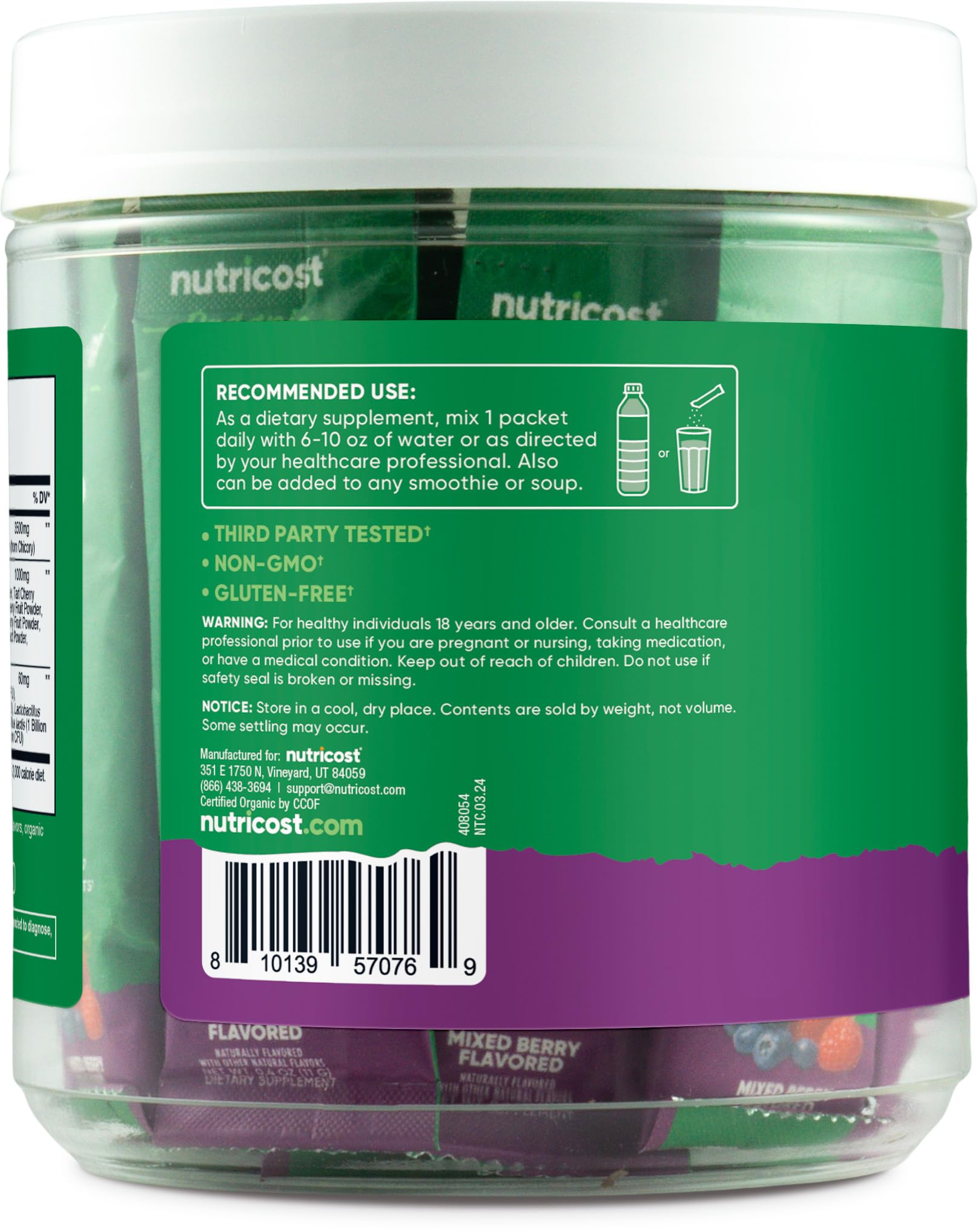 Logo USDA biologique et traitement GMP pour Nutricost Super Greens