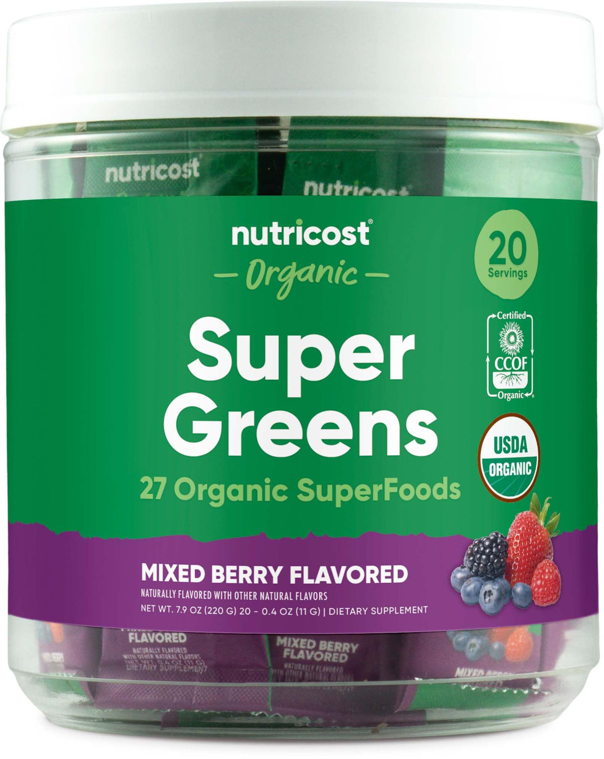 Nutricost Super Greens stickpack baies mélangées, dégustation rapide et pratique
