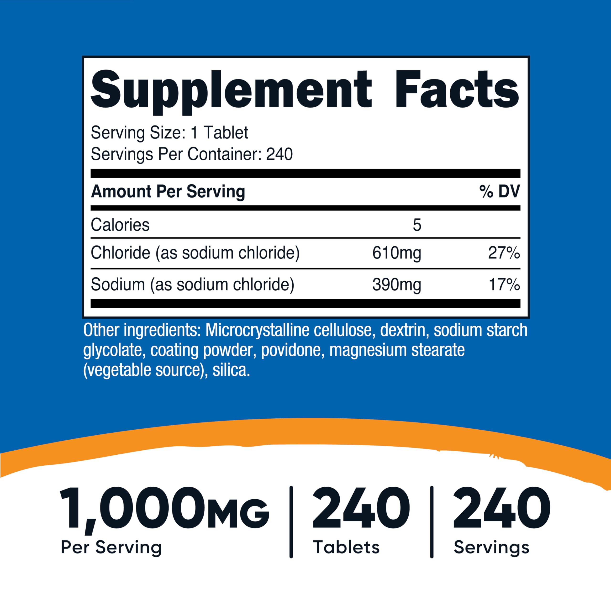 Nutricost tablettes chlorure de sodium dosage 1000 mg, dose précise pour le quotidien.