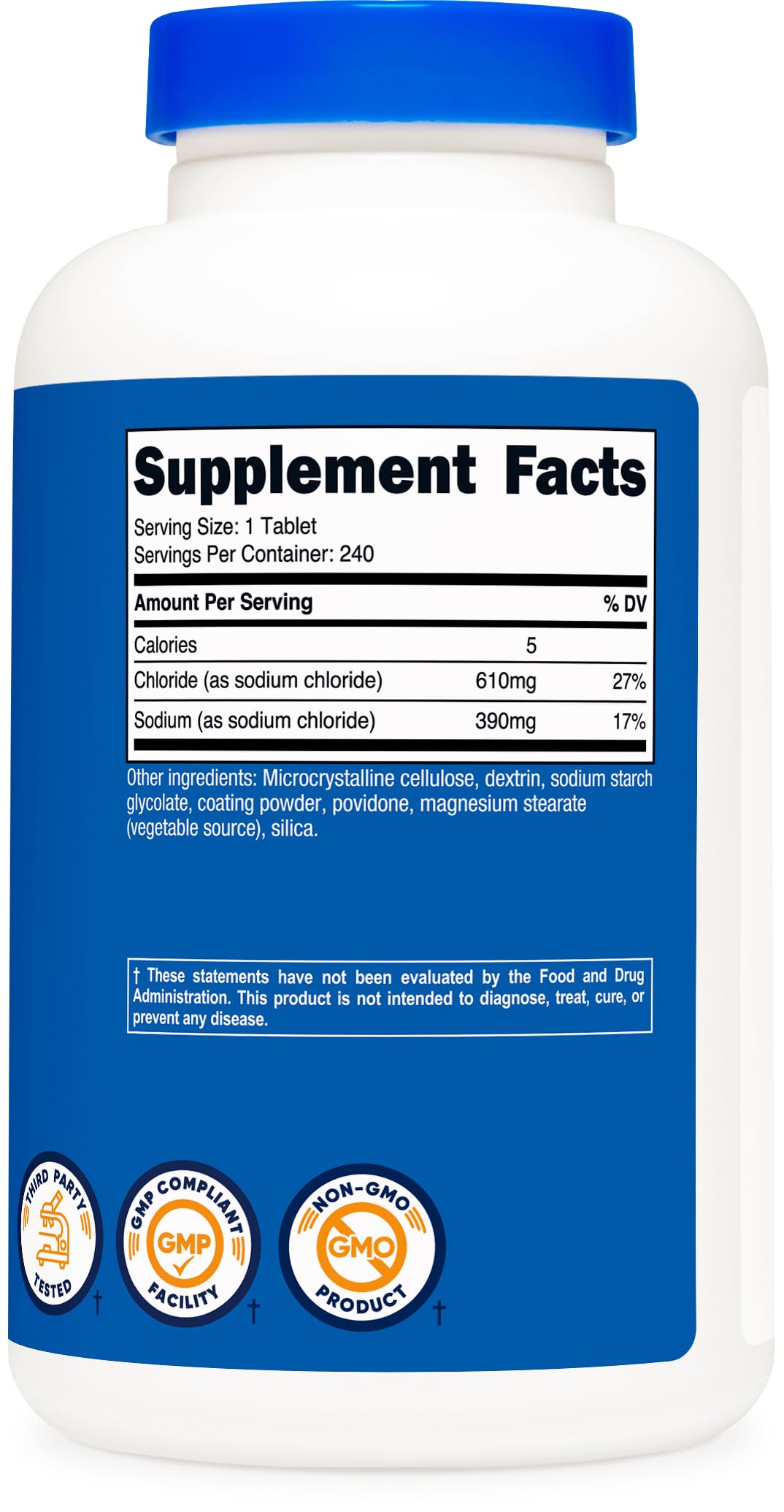 Nutricost tablettes chlorure de sodium sans gluten, adaptée pour régimes sans gluten.