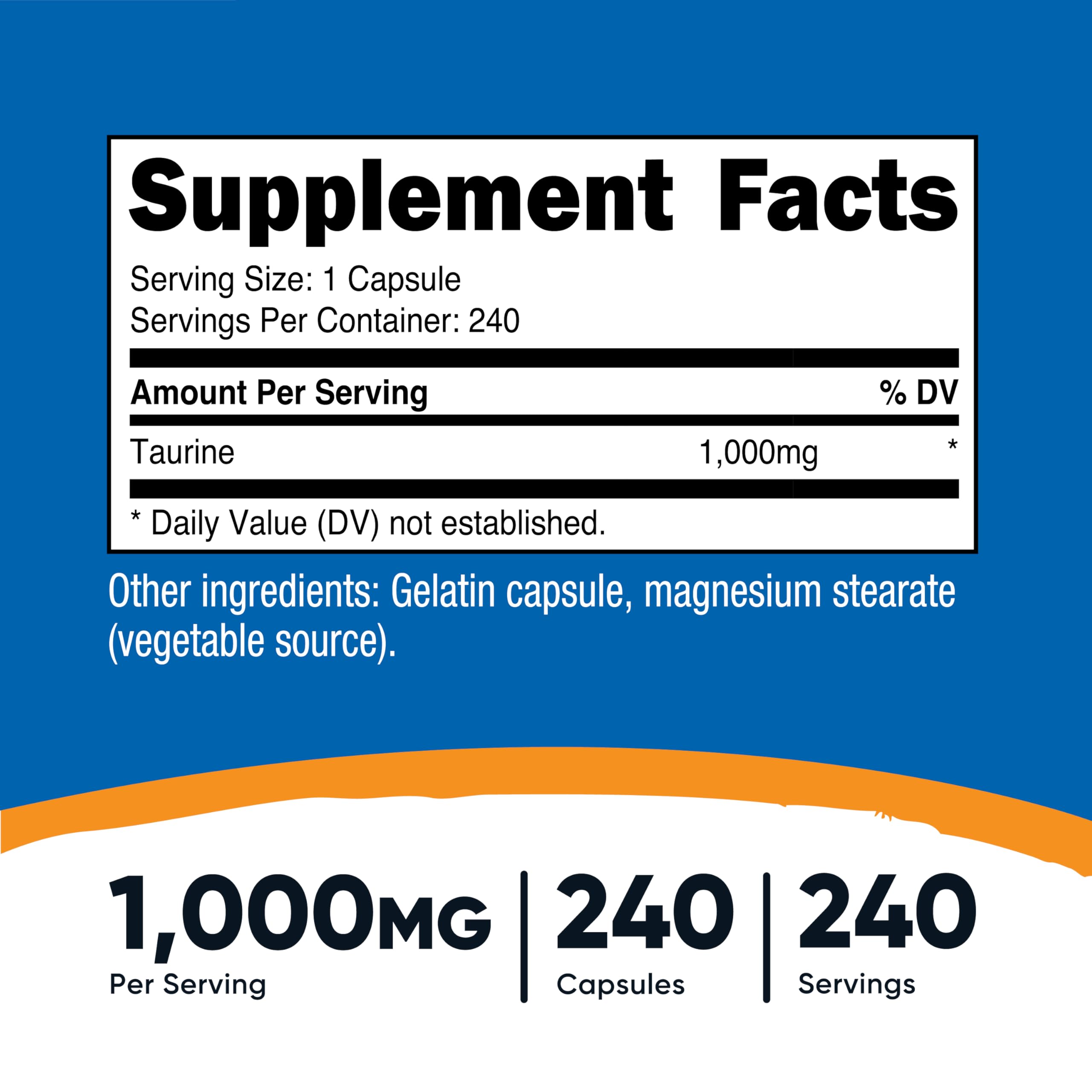 Nutricost Taurine 1000 mg, gélules en gros plan pour une prise facile
