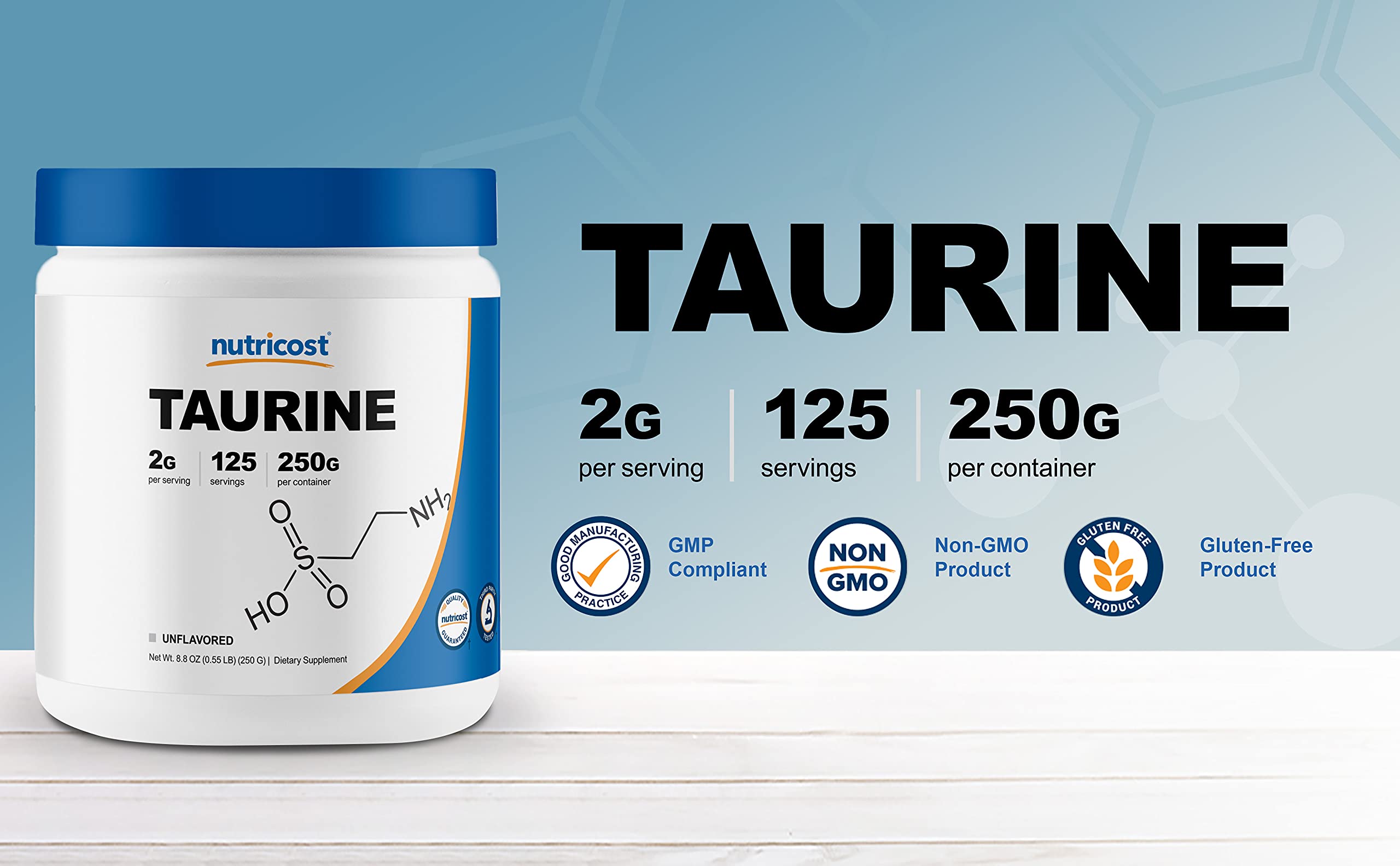 Bouteille Nutricost Taurine 250 g sans OGM et sans gluten