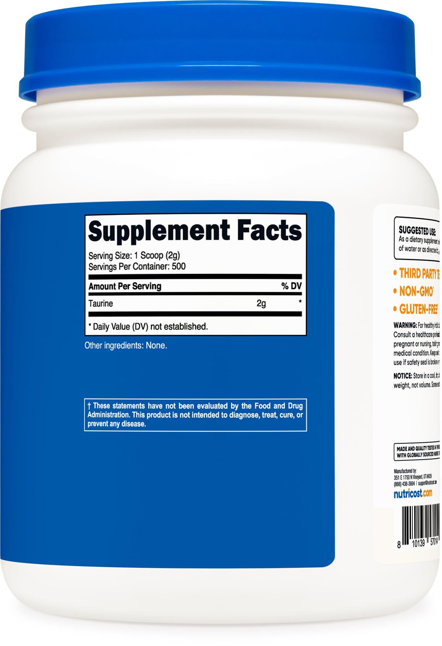Nutricost Taurine Poudre — Usine GMP et FDA enregistrée, fabrication conforme.