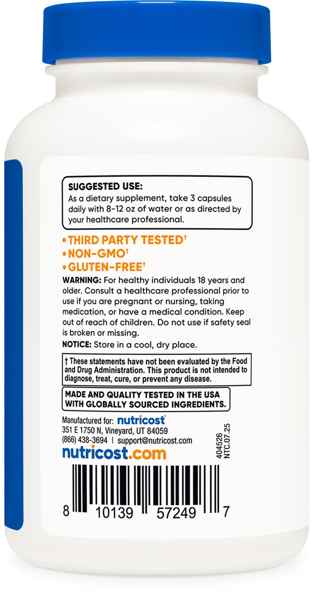 Nutricost Testosterone Support Complex, acide D-aspartique, composants clés potentiels.