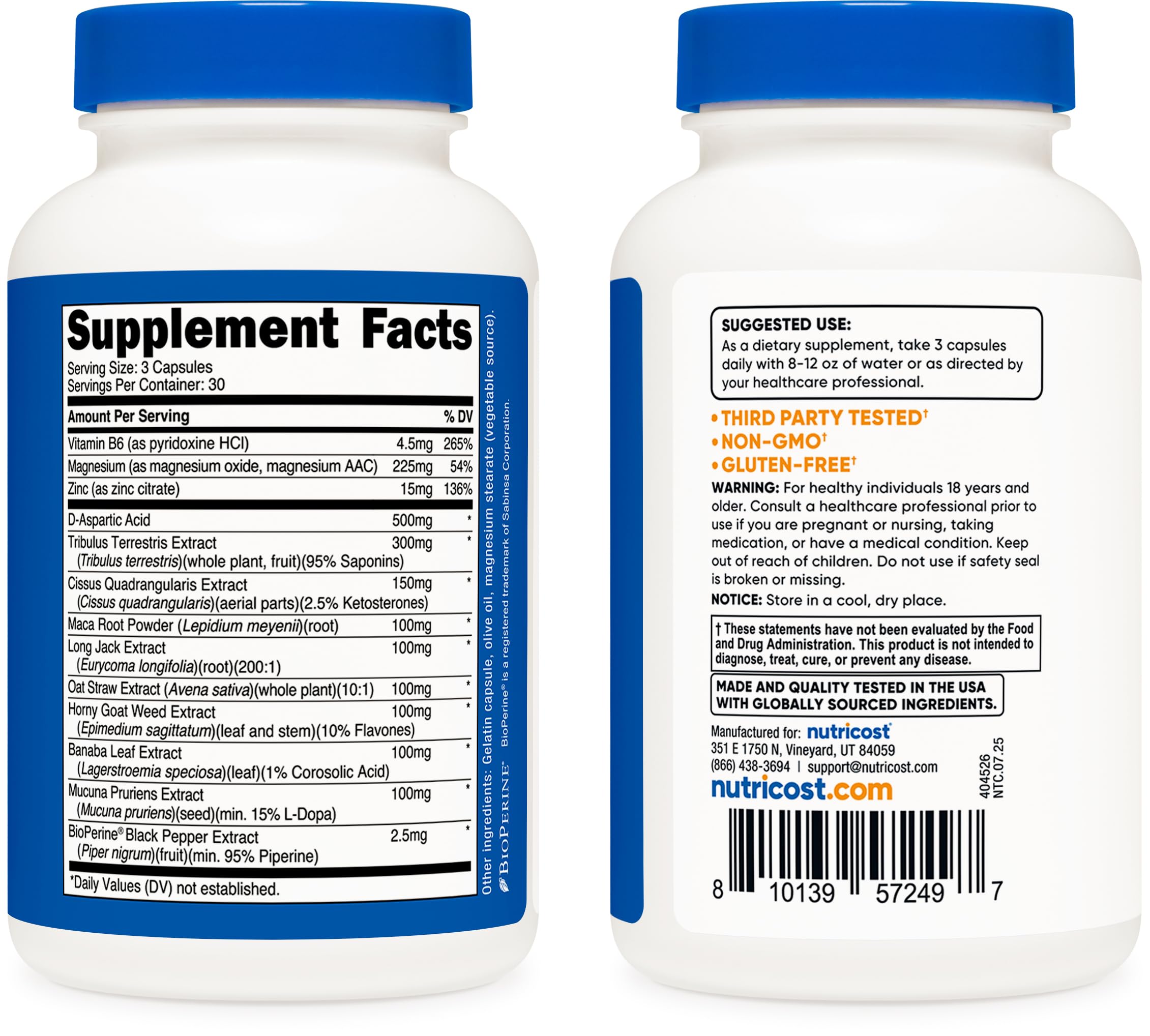 Nutricost Testosterone Support Complex, contrôle qualité ISO et conformité GMP.