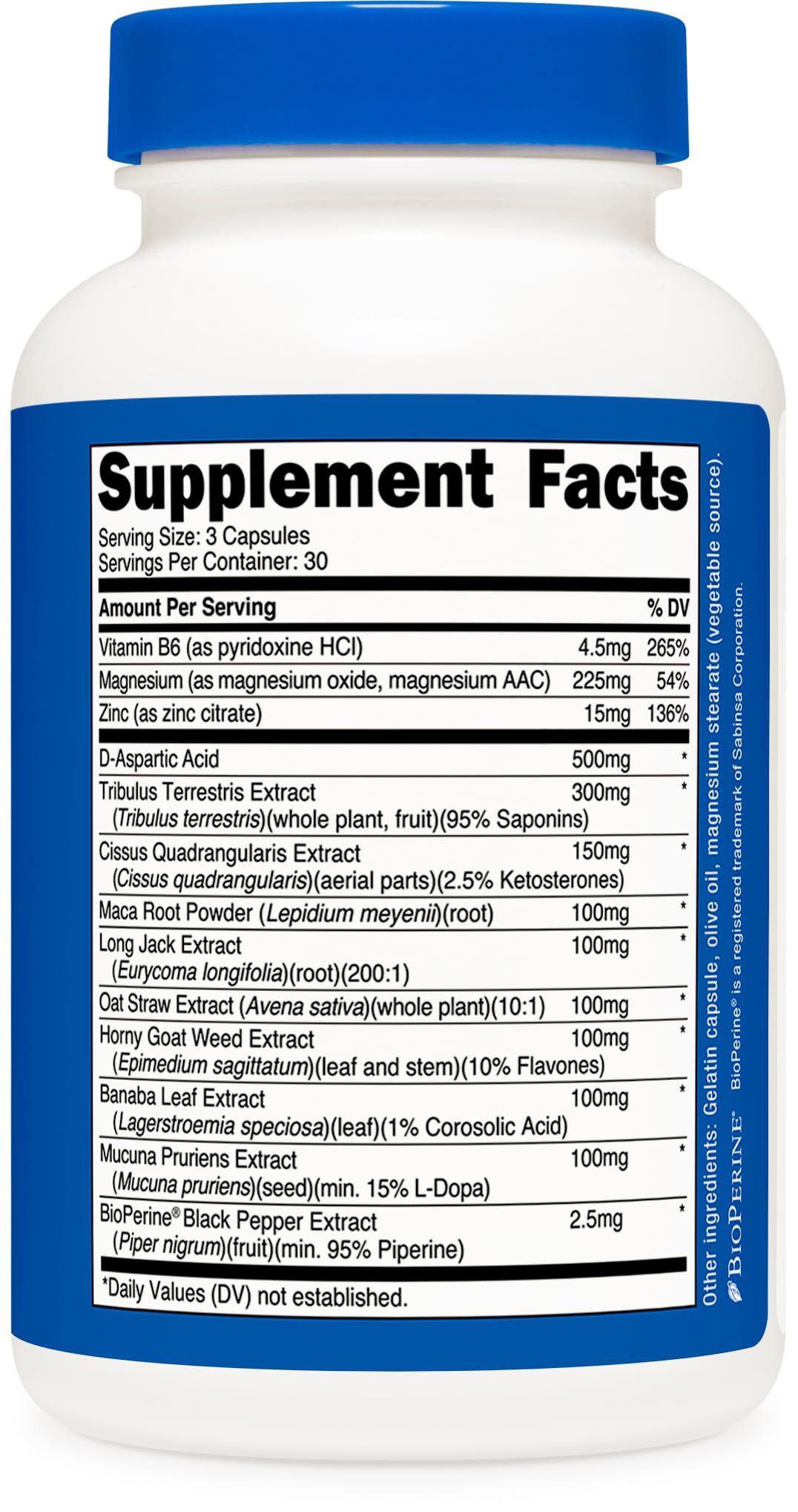 Nutricost Testosterone Support Complex, zinc, magnésium et vitamine B6 inclus.
