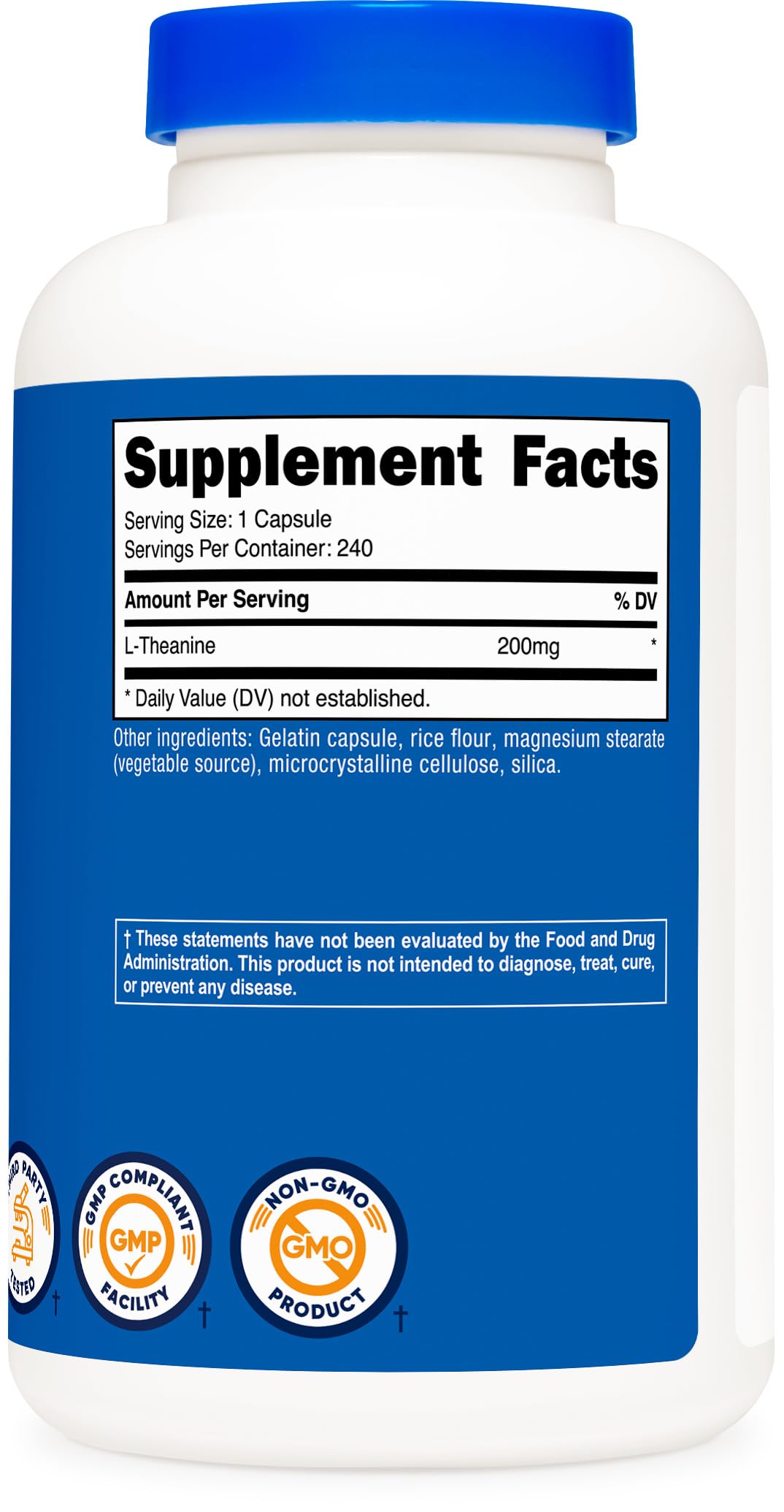 Nutricost L-Theanine 200 mg, emballage extérieur, toucher premium et fiabilité.