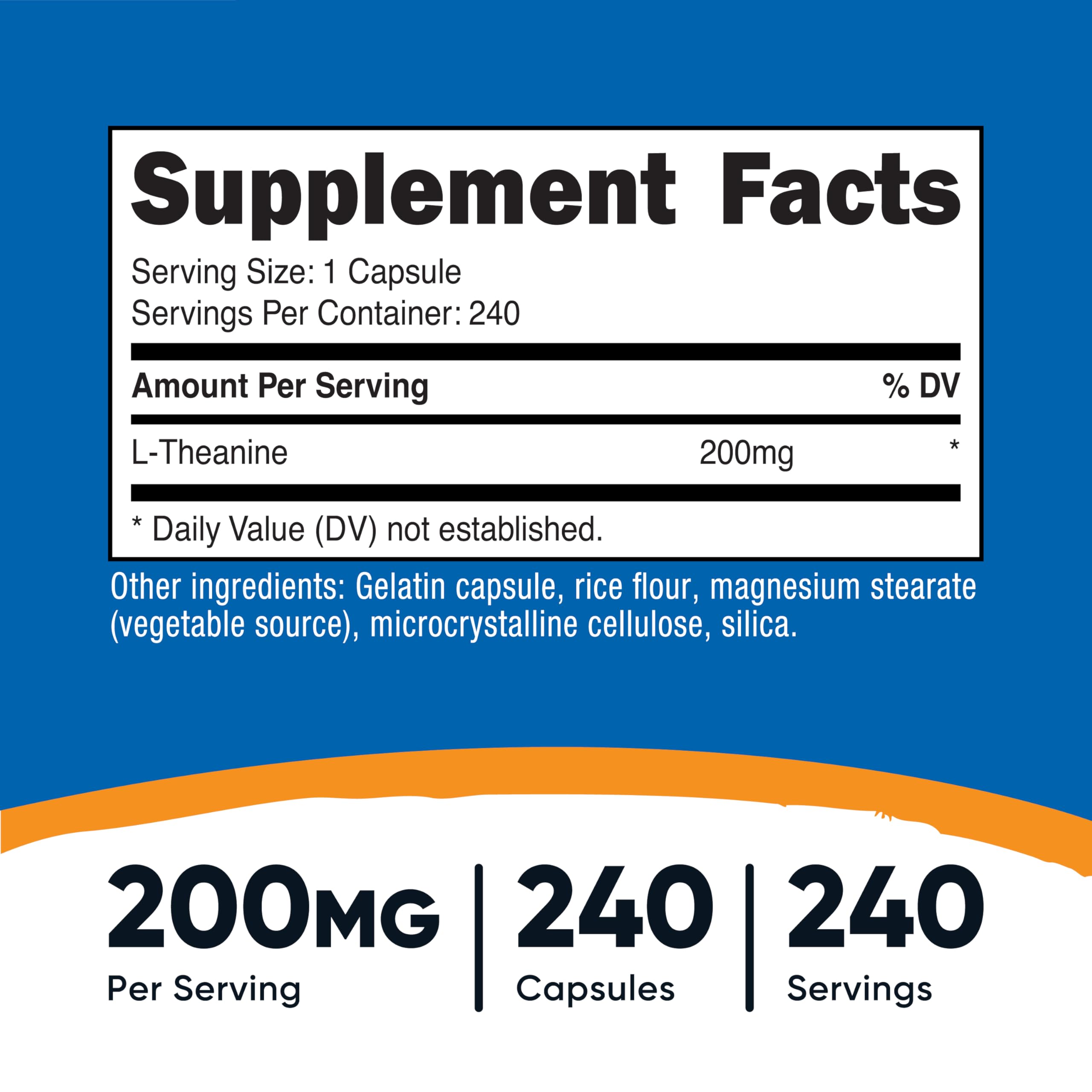 Nutricost L-Theanine 200 mg, gélules, soutien potentiel à la concentration et au calme.