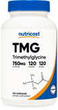 Nutricost TMG, bouteille 120 gélules, pratique pour l'usage quotidien.