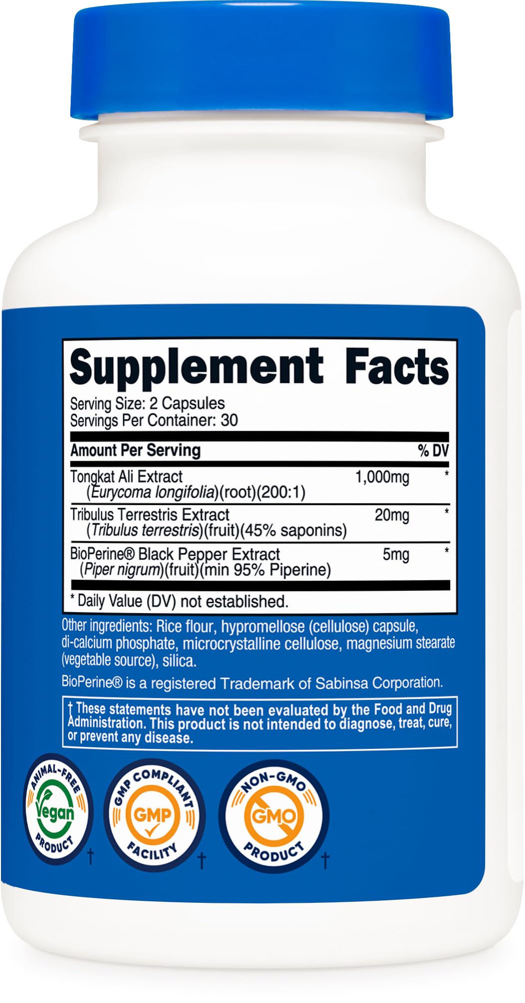 Capsules sans gluten et sans OGM de Nutricost Tongkat Ali.
