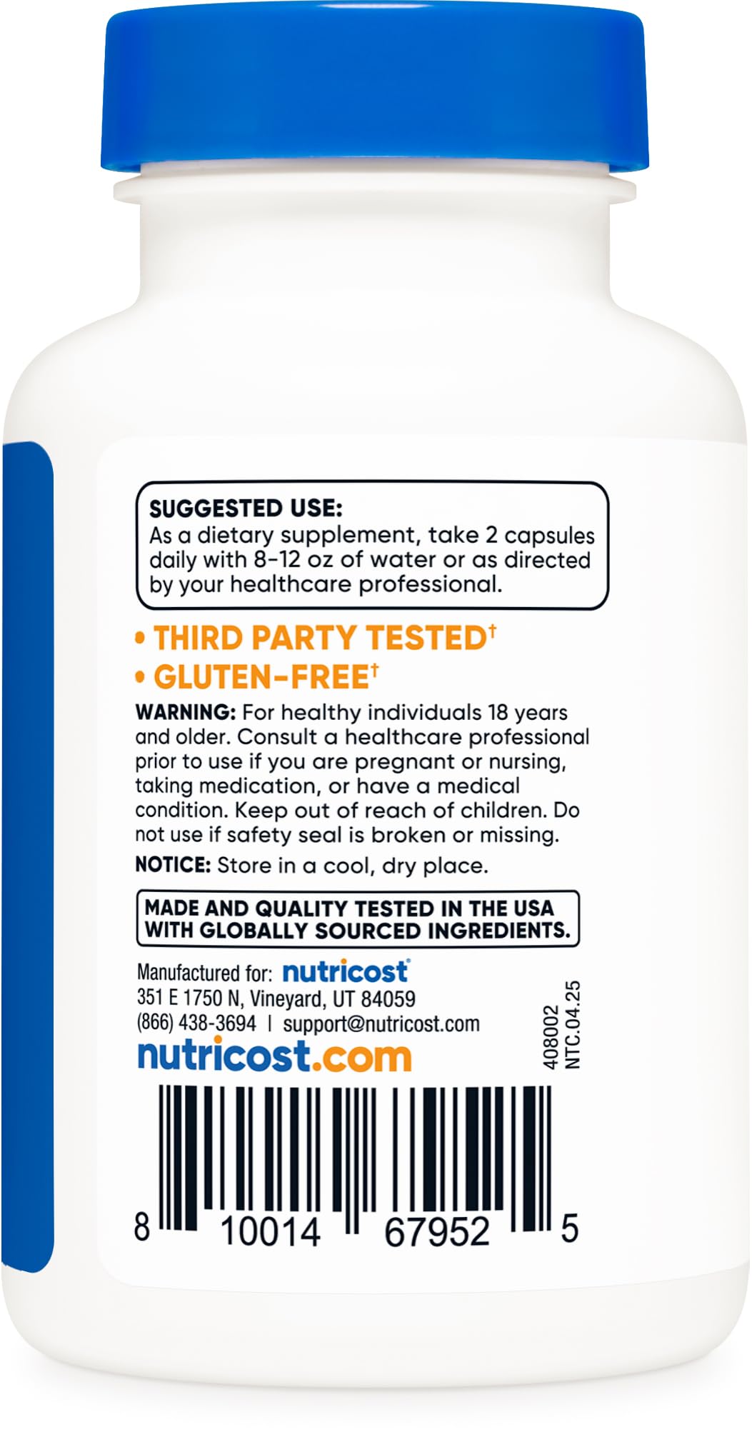 Étiquette Nutricost montrant certifications NSF et GMP.