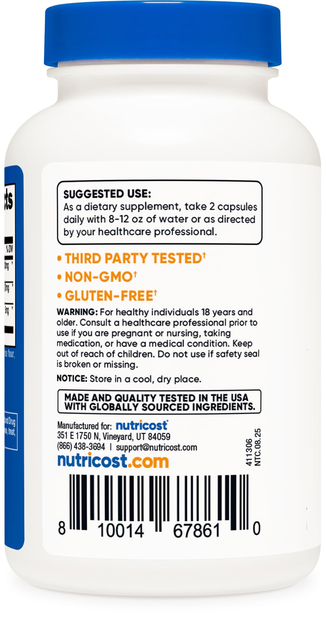 Étiquette Nutricost – emballage clair indiquant ingrédients et certifications