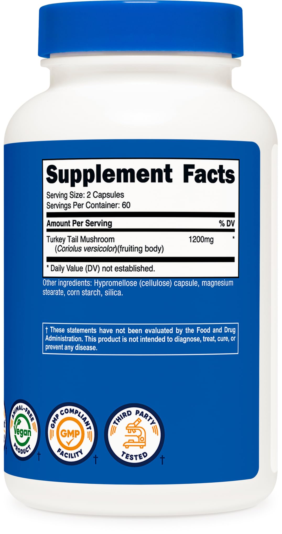 Capsules Nutricost Tramète versicolore emballage visible, option végétarienne et sans gluten.