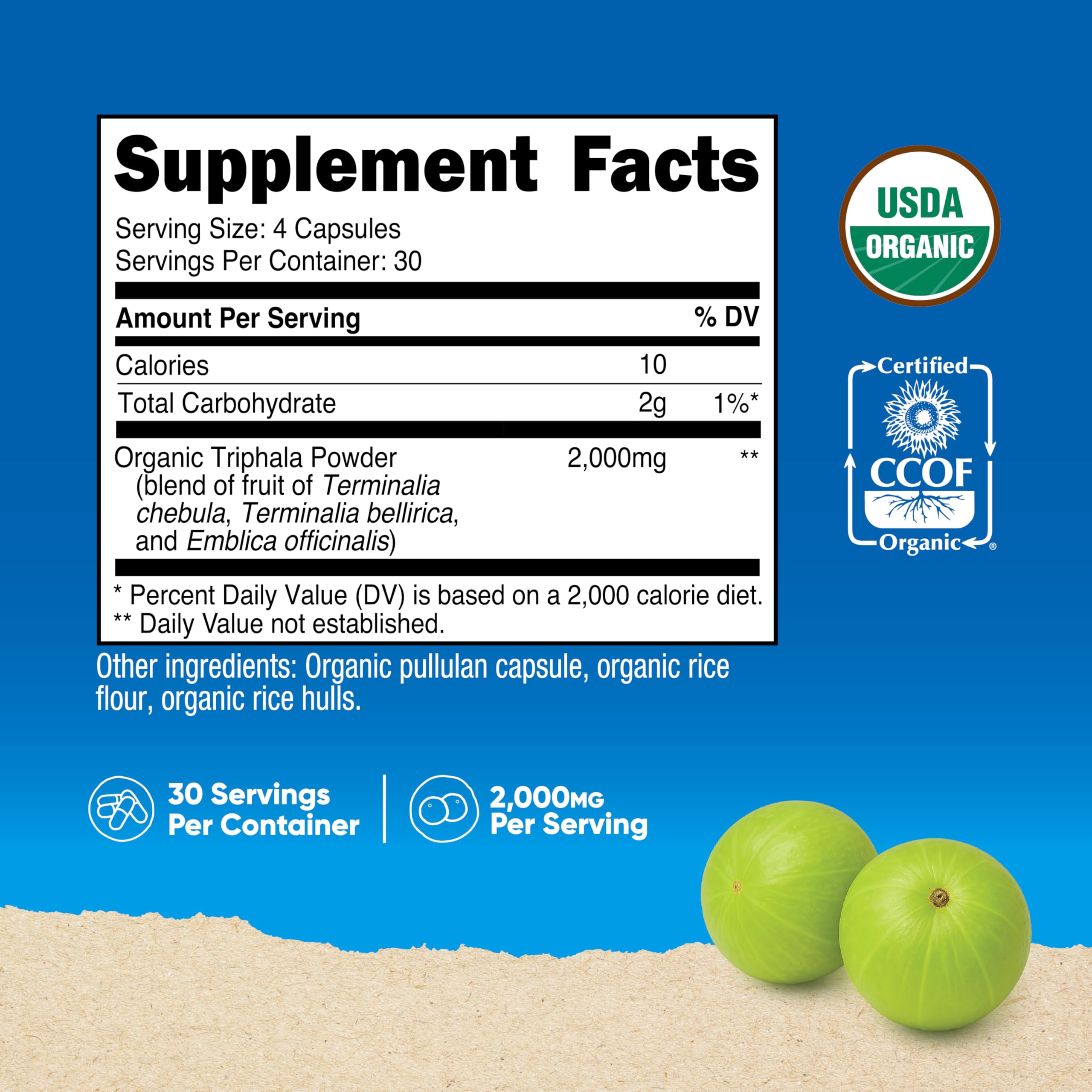 Nutricost Triphala – étiquette bio USDA et CCOF visibles pour la traçabilité.