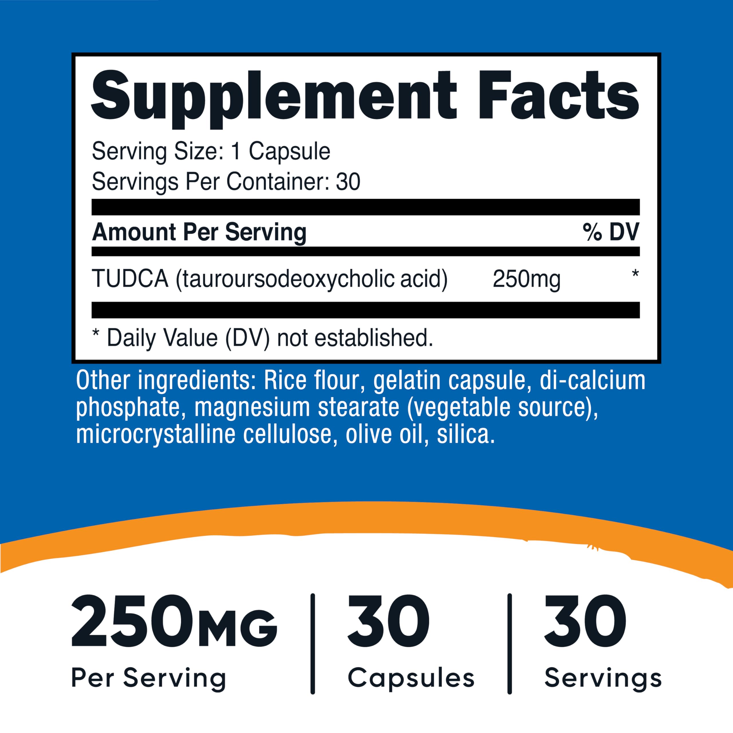 Nutricost Tudca – capsules visibles; dosage précis de 250 mg par capsule.