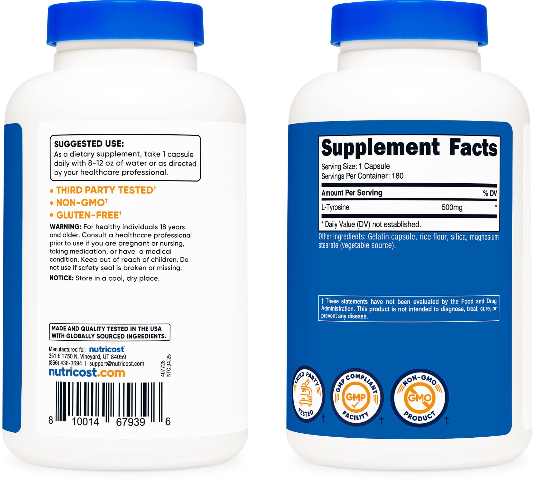 Nutricost L-Tyrosine ingrédients et formule: composition visible.