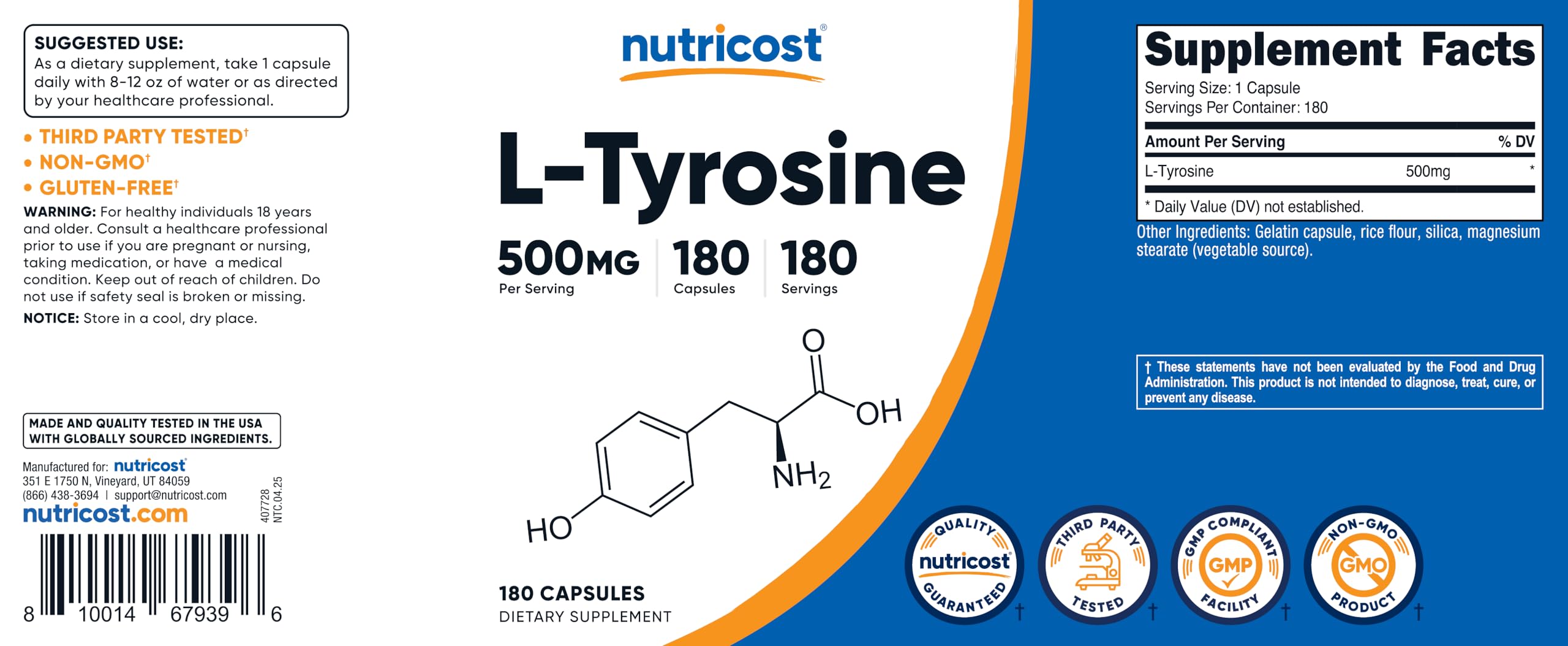Nutricost L-Tyrosine traçabilité et qualité: processus rigoureux.