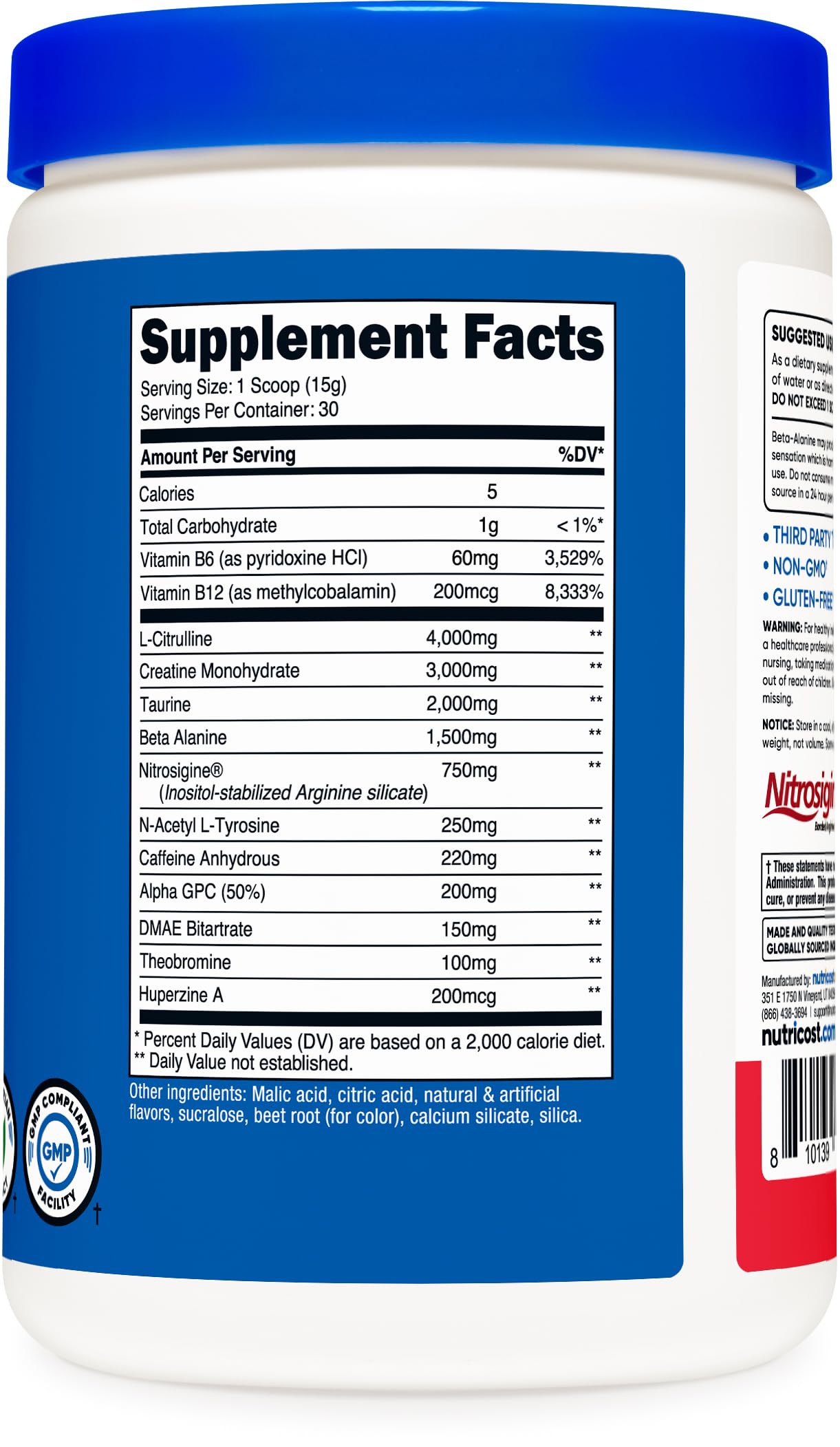 Nutricost Pré-entraînement, usine-certification-nsf-gmp, qualité et traçabilité assurées.