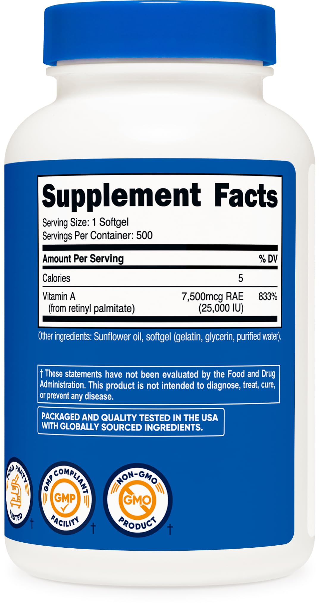 Nutricost Vitamine A 25 000 UI – boîte emballage, option durable et pratique.