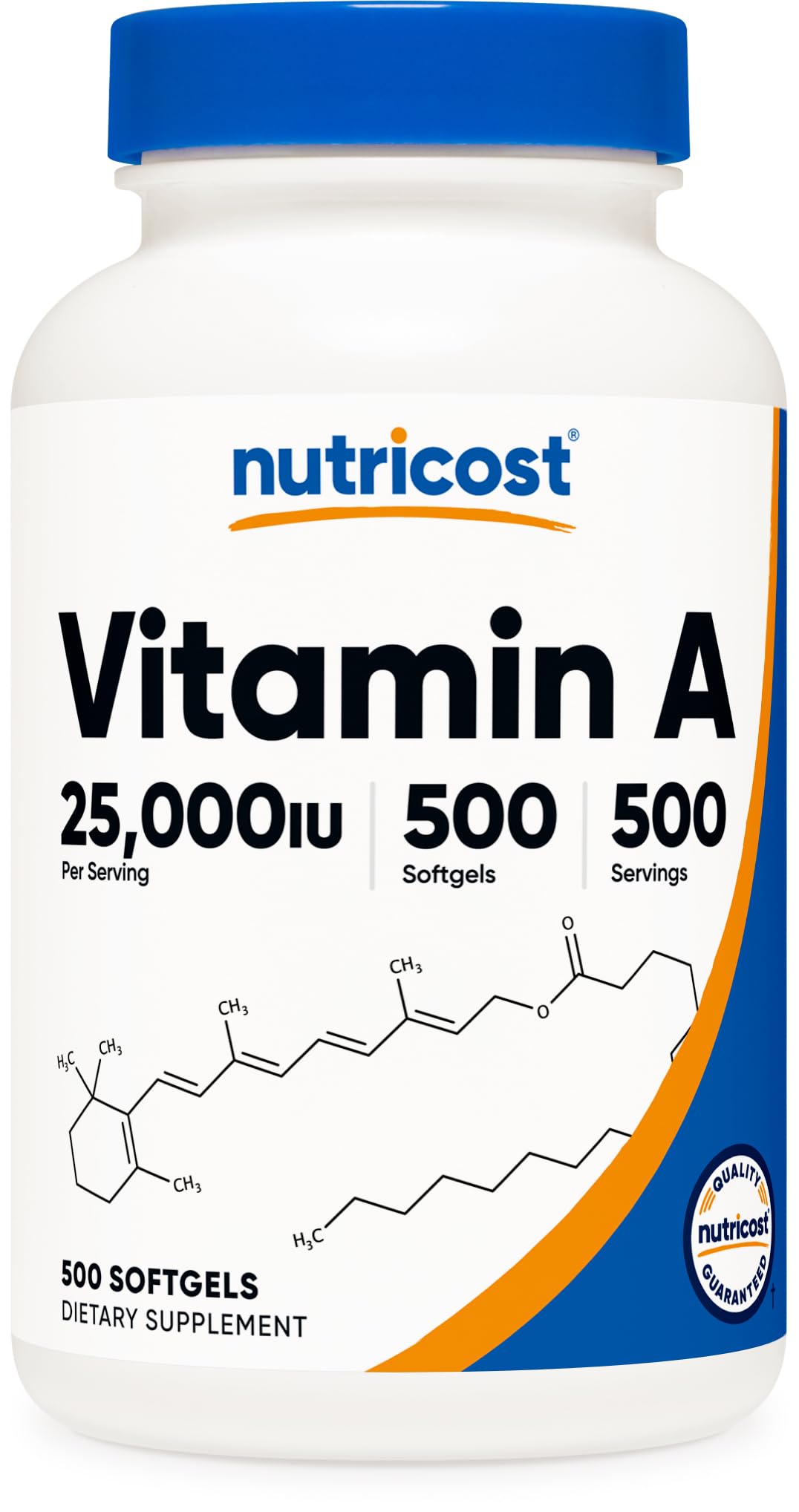 Nutricost Vitamine A 25 000 UI – bouteille vue avant, gélules faciles à prendre.