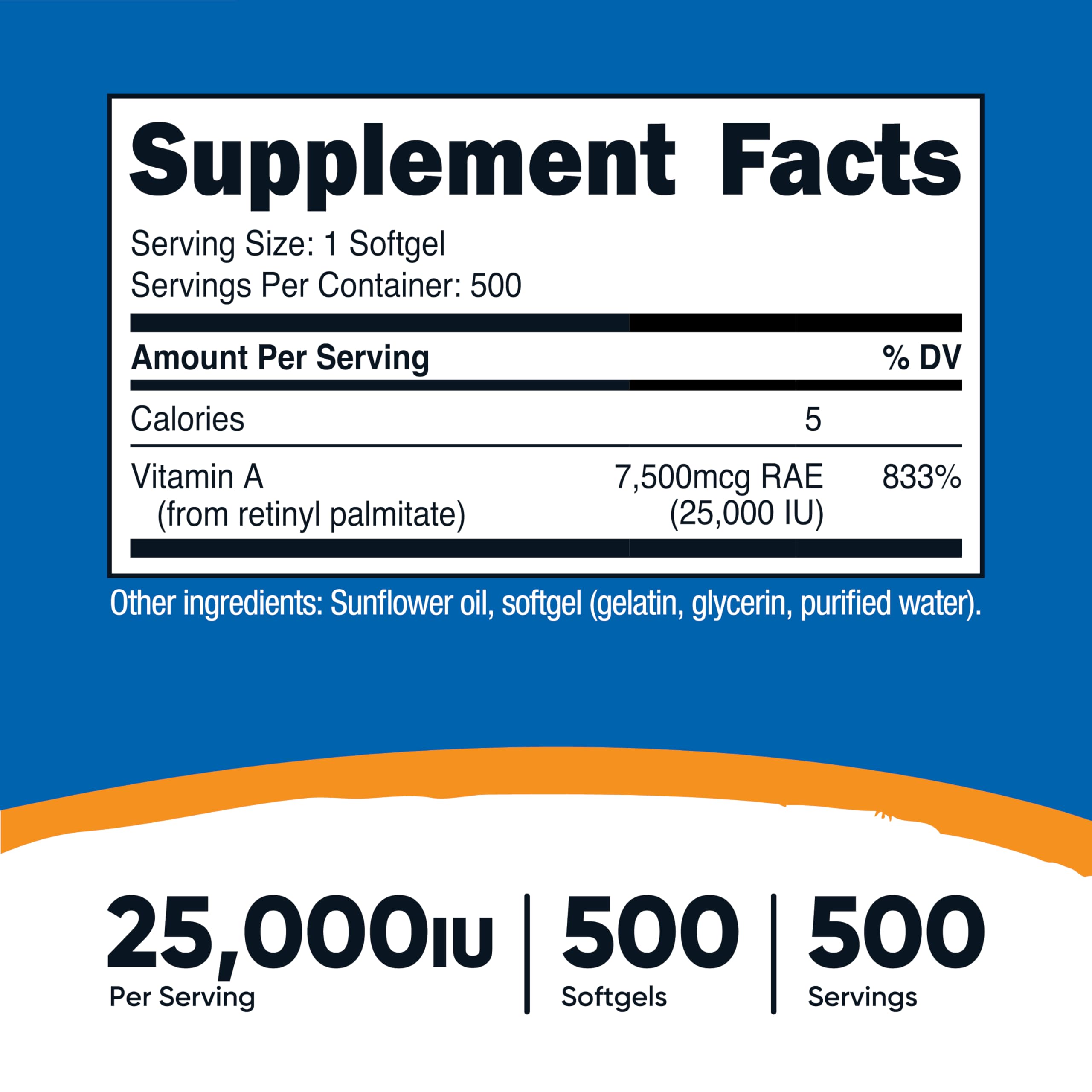 Nutricost Vitamine A 25 000 UI – bouteille côté, traçabilité et qualité visibles.