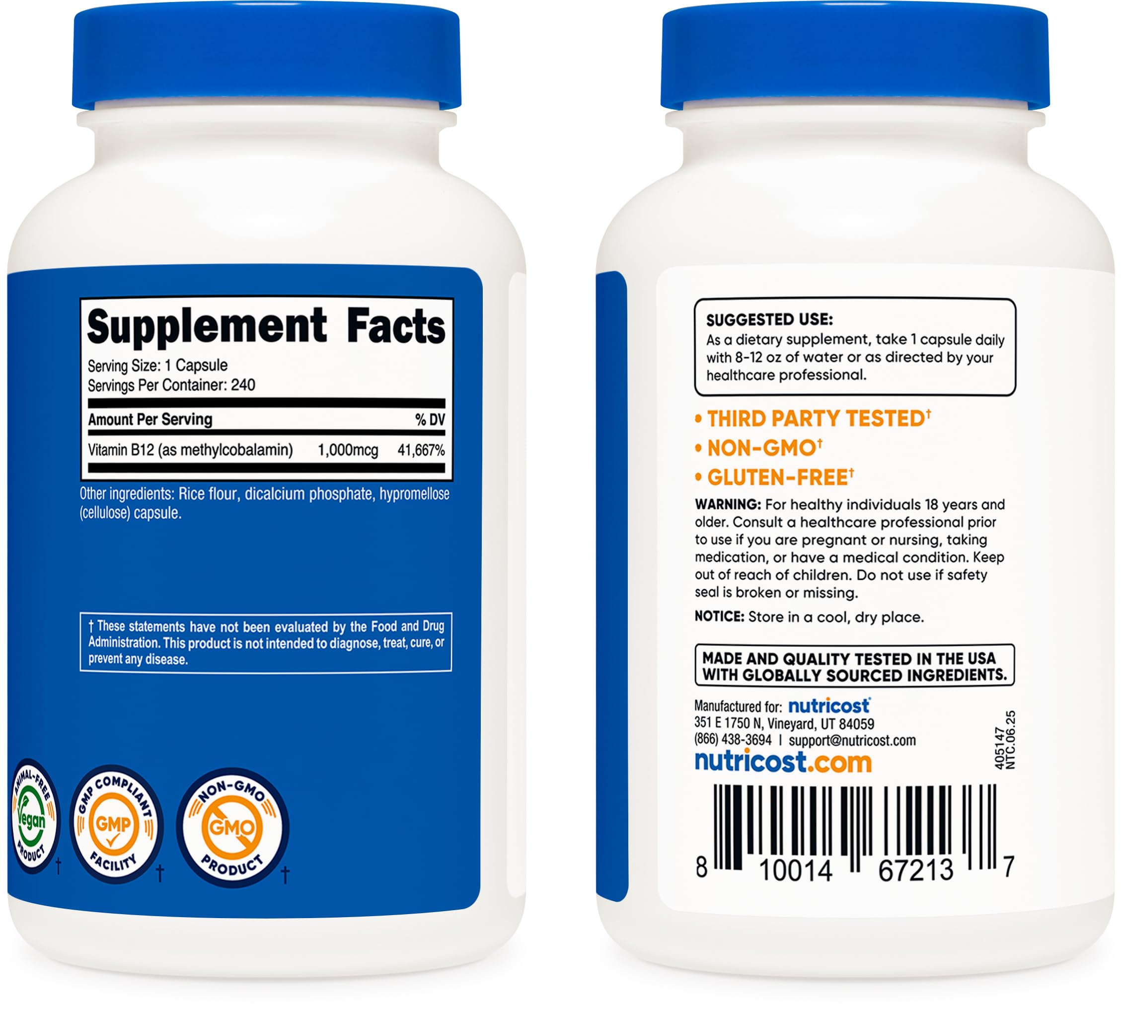 Nutricost B12, laboratoire indépendant, assure la qualité et la traçabilité des lots.