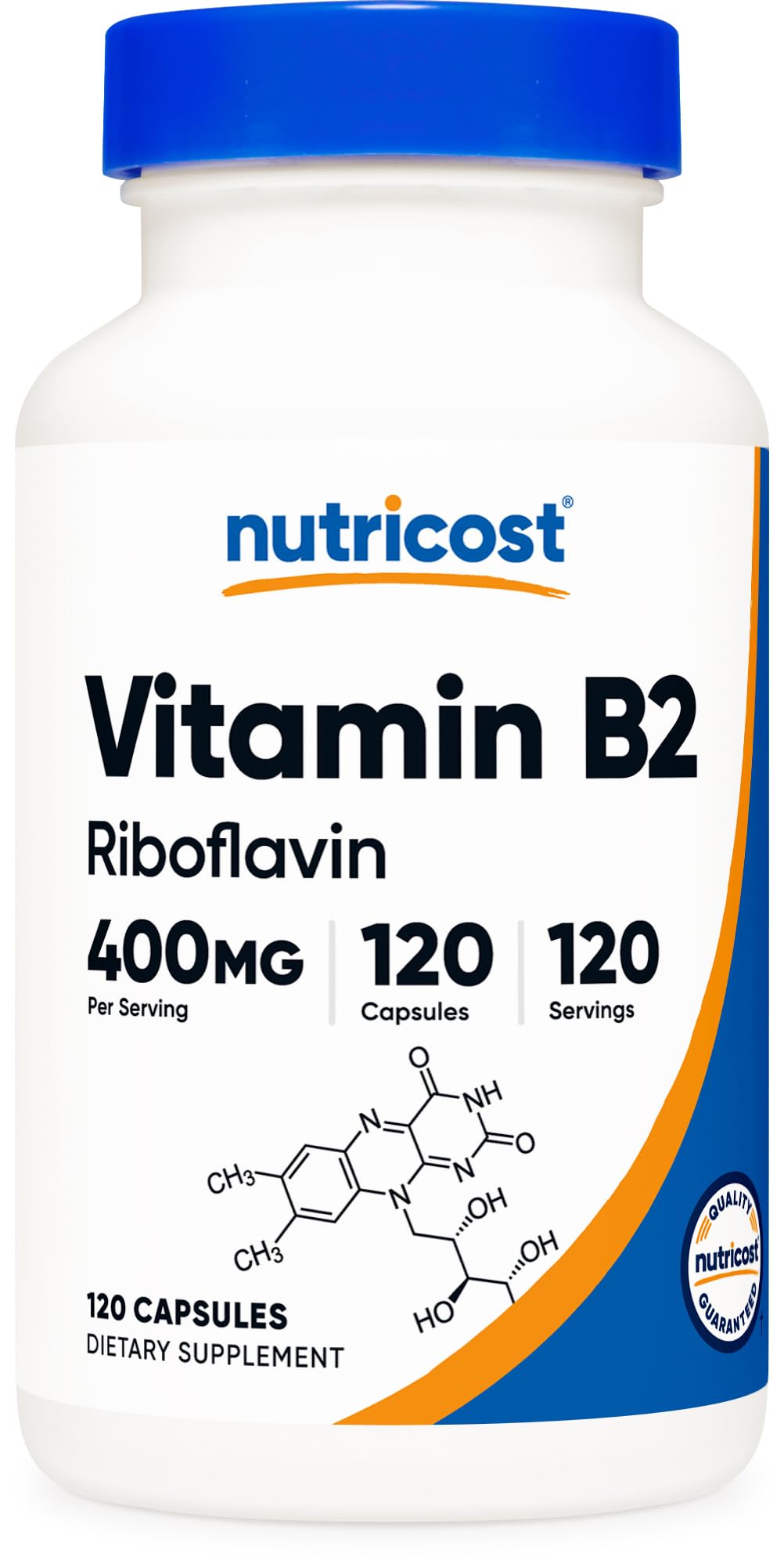 Nutricost Vitamine B2 400 mg — bouteille élégante, dosage pratique pour un usage quotidien.