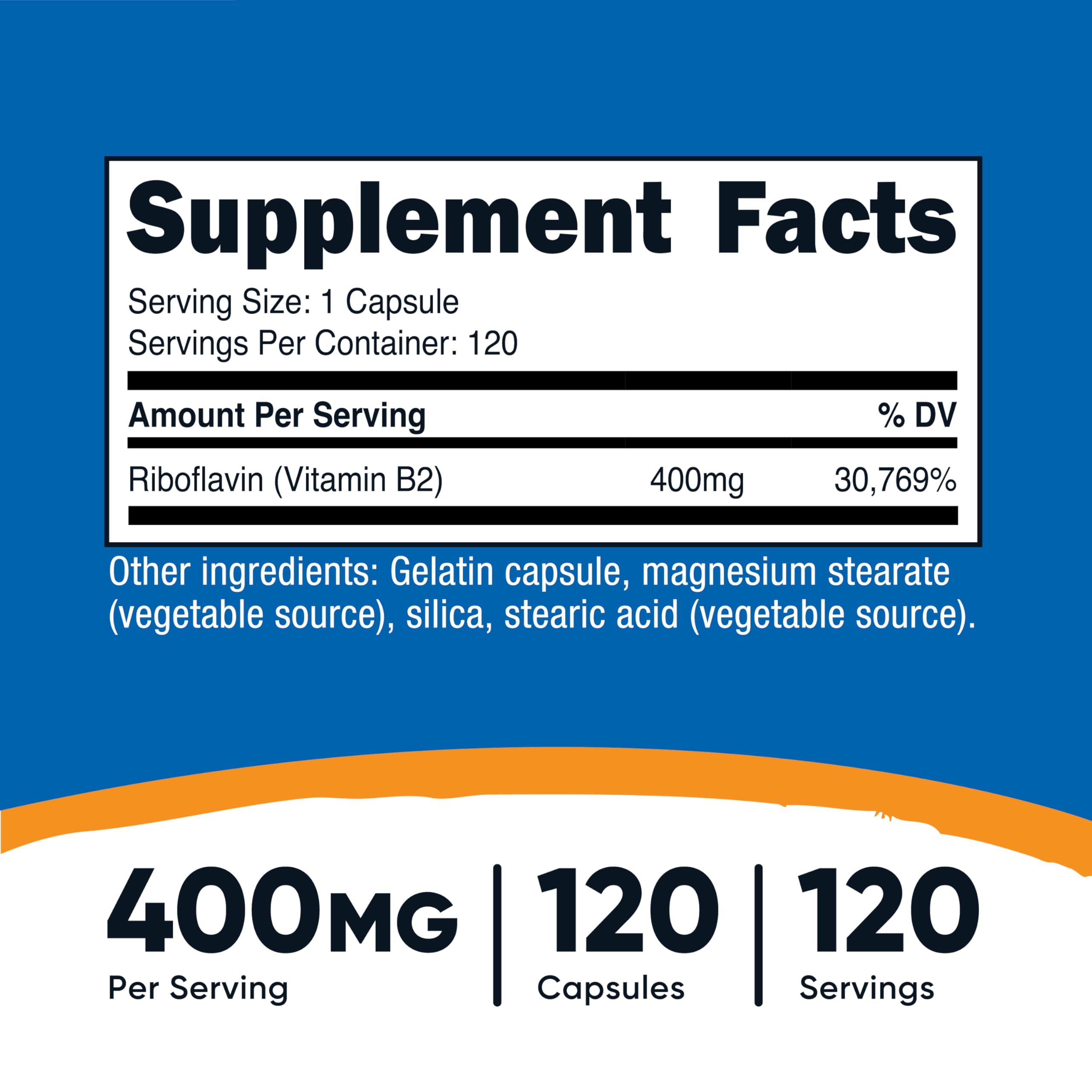 Nutricost Vitamine B2 400 mg — capsules faciles à avaler pour une routine fiable.