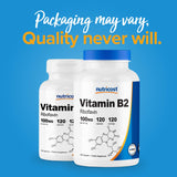 Étiquette Nutricost Vitamine B2, informations claires sur le dosage et les garanties.