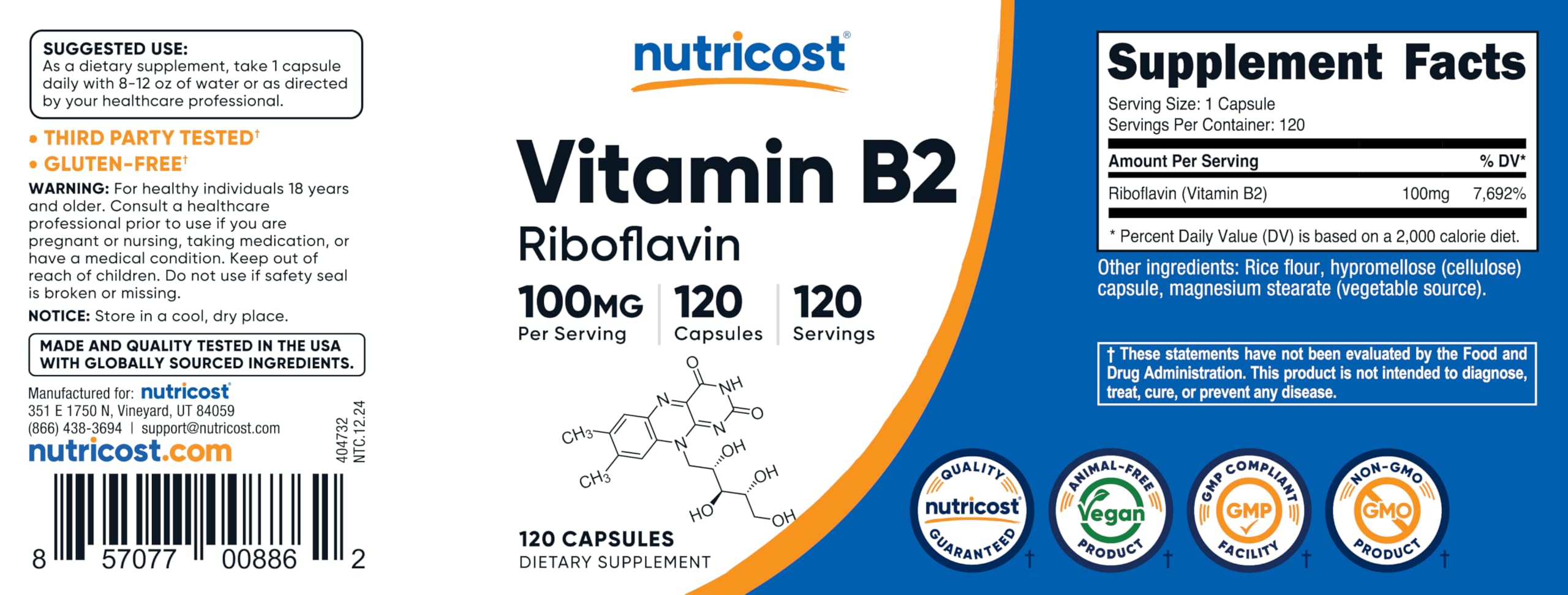 Badge sans OGM Nutricost Vitamine B2, formulation fiable et pure.