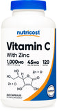 Nutricost Vitamine C avec Zinc – bouteille visible, dose pratique pour le quotidien.