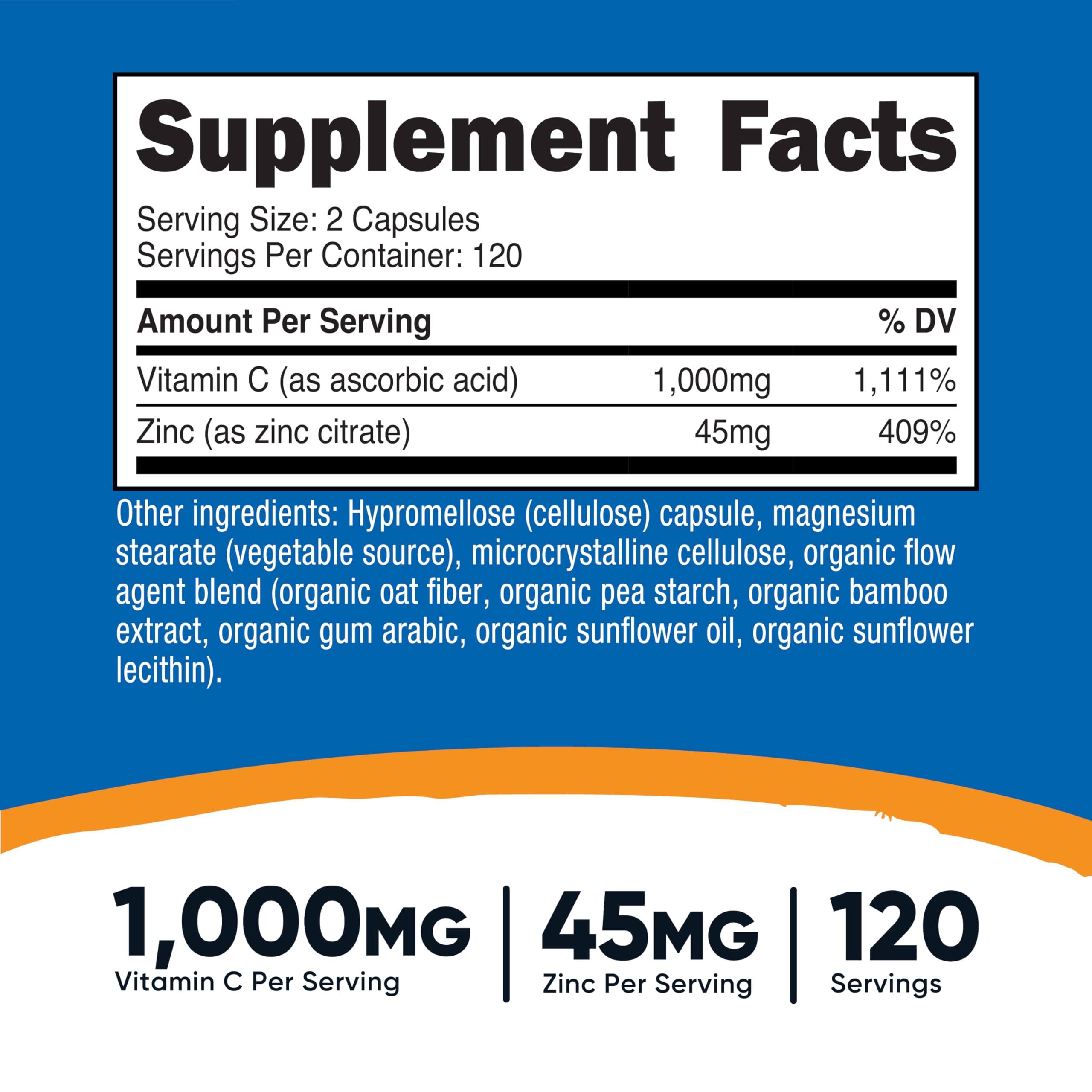 Nutricost Vitamine C Zinc – capsules faciles à avaler pour routine simple.