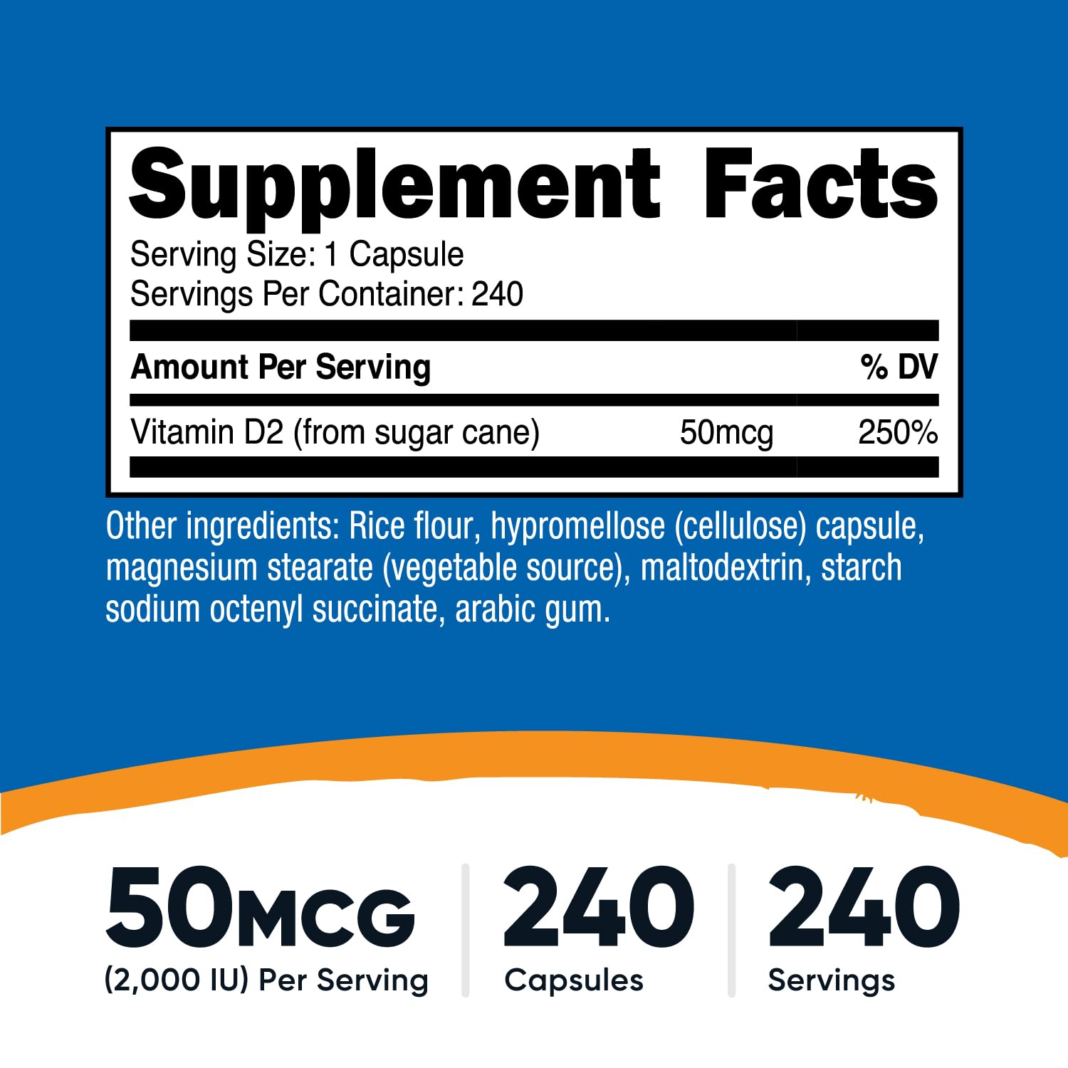 Détail des gélules Nutricost Vitamine D2 et leur texture facile à avaler.