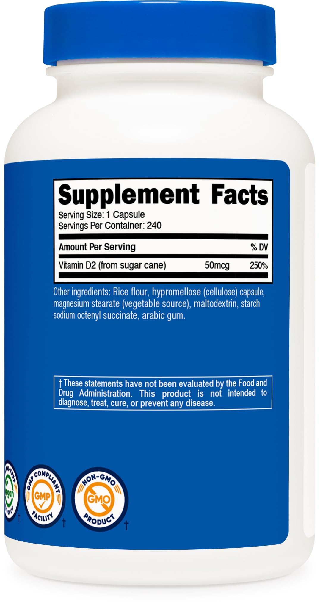Étiquette et emballage Nutricost Vitamine D2, flacon de 240 gélules.