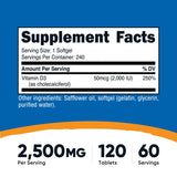 Gélules Nutricost D3 2000 UI visibles sur l’étiquette, utilisation facile.