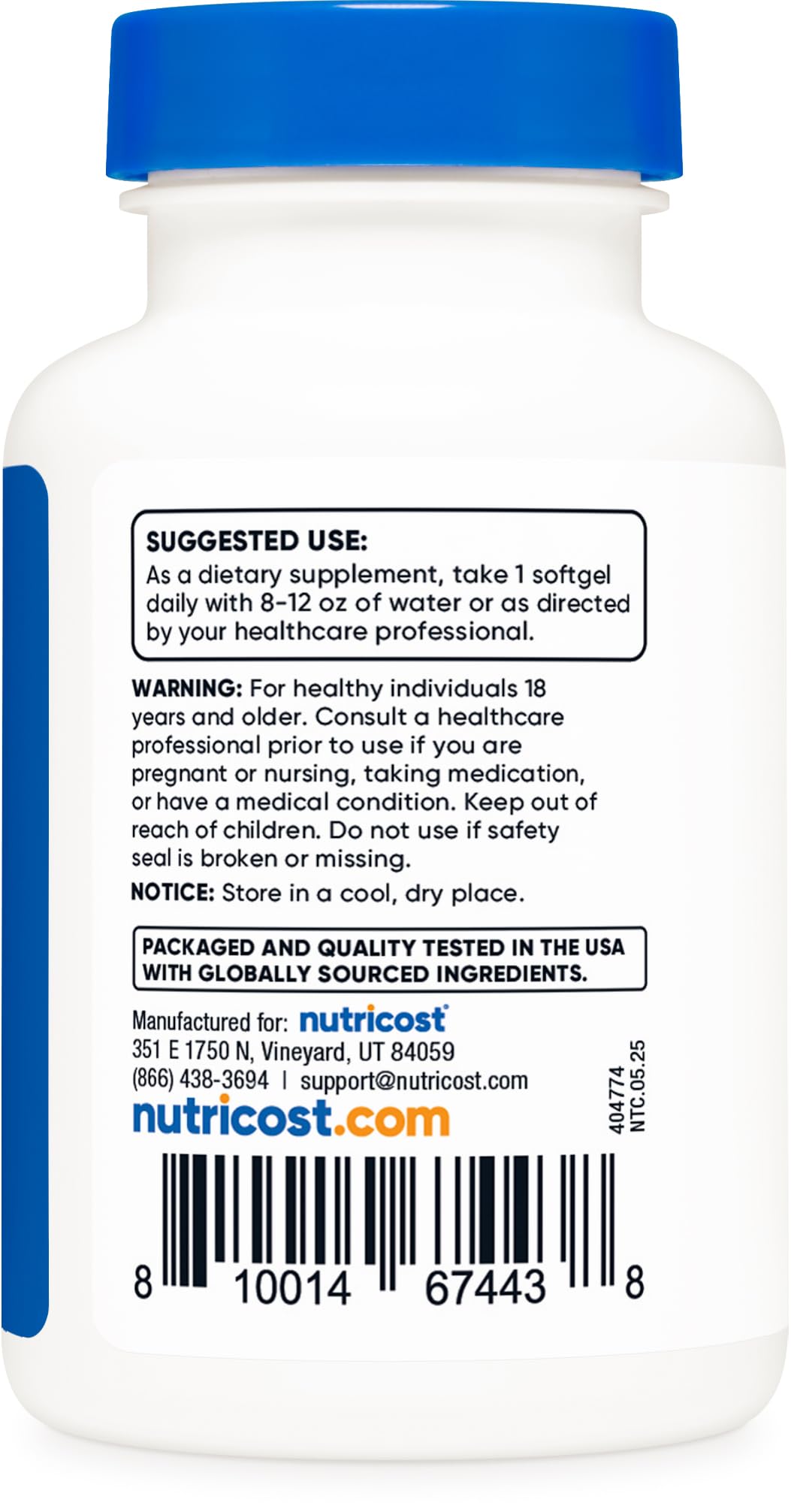 Nutricost Vitamine D3 2000 UI sans OGM et sans gluten, formulation certifiée.