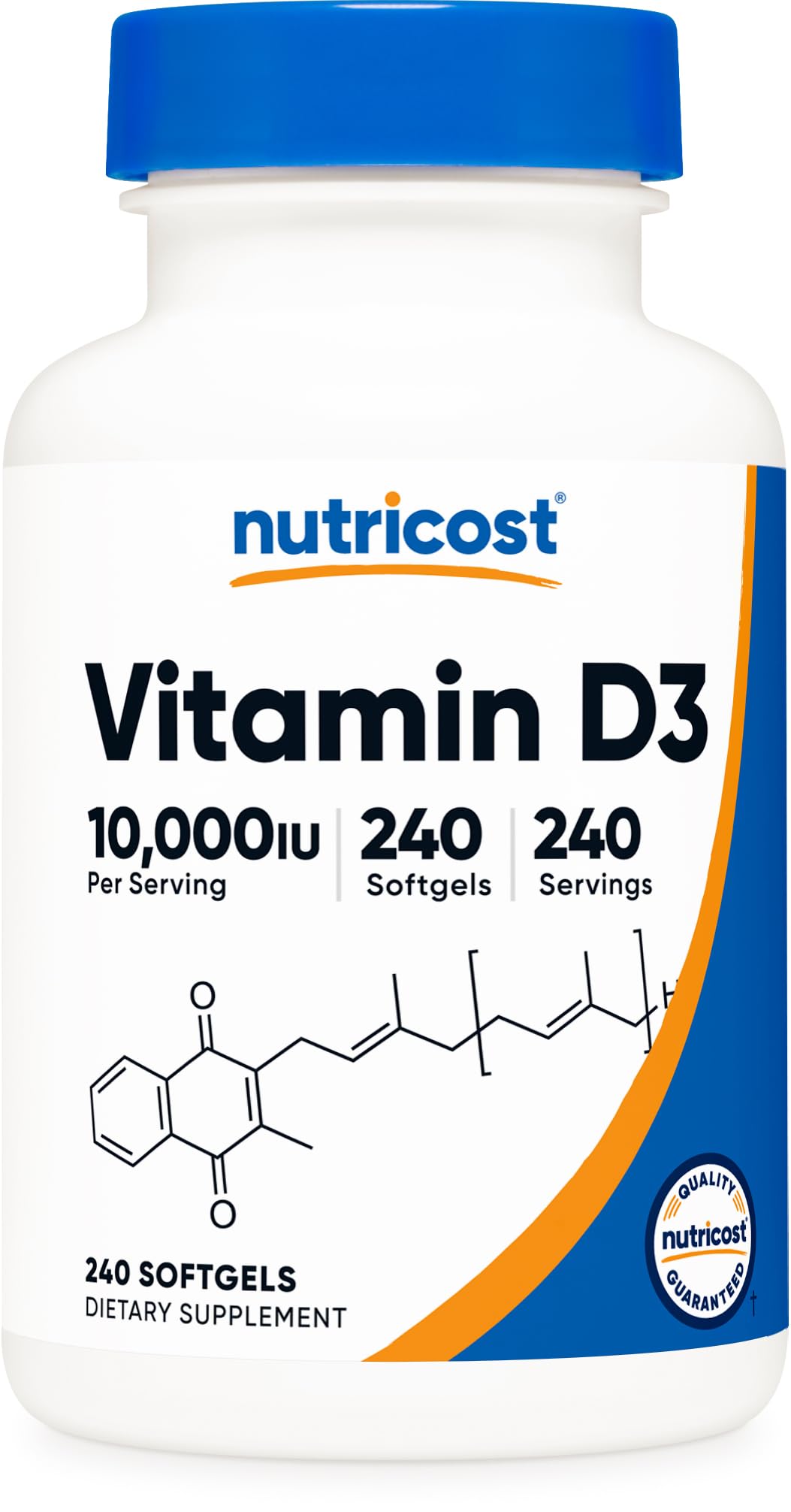 Nutricost Vitamine D3 10000 UI : bouteille facile à manipuler pour une supplémentation quotidienne.