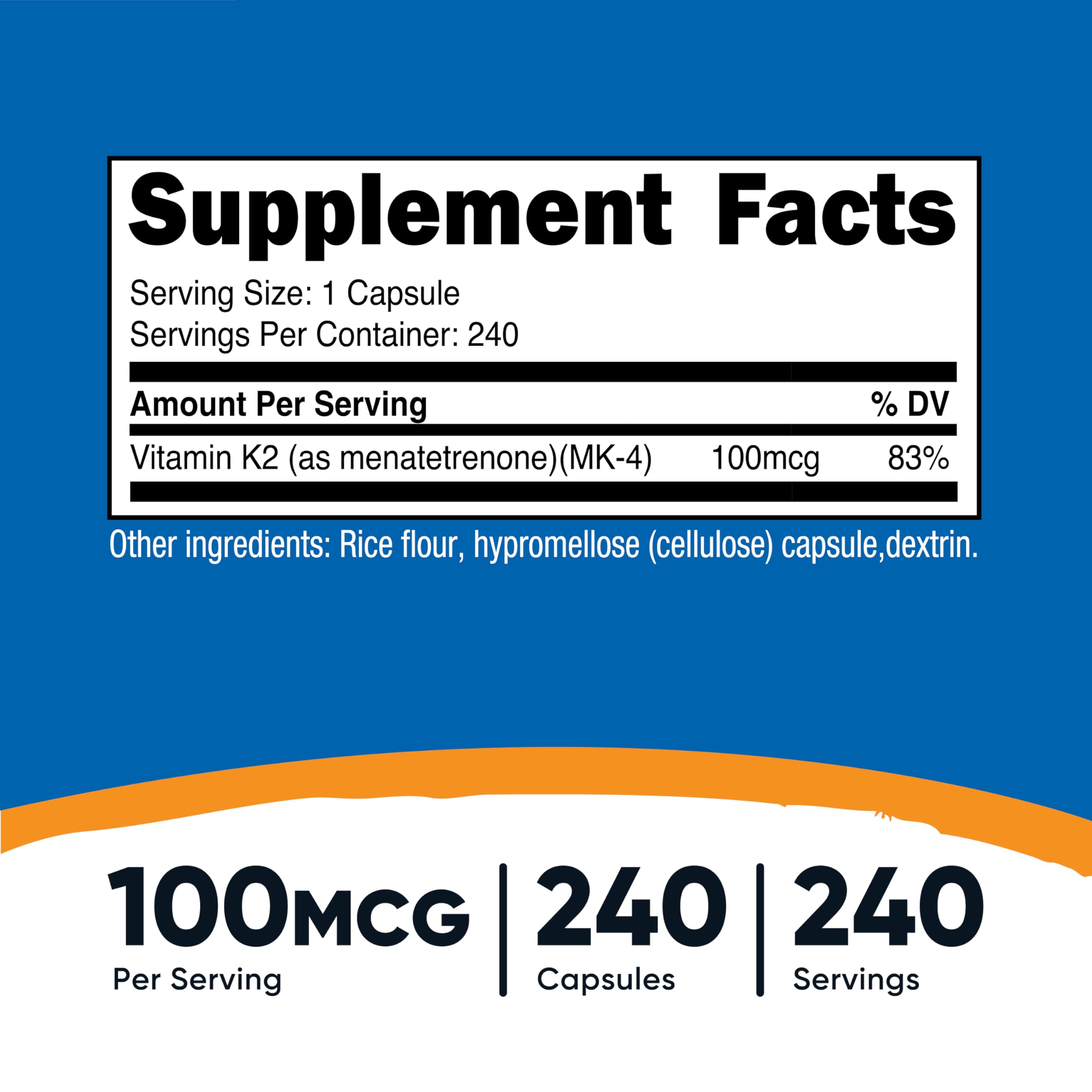 Capsules Nutricost K2 MK-4, 100mcg par gélule, formulation sans gluten.
