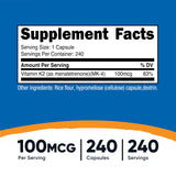 Capsules Nutricost K2 MK-4, 100mcg par gélule, formulation sans gluten.