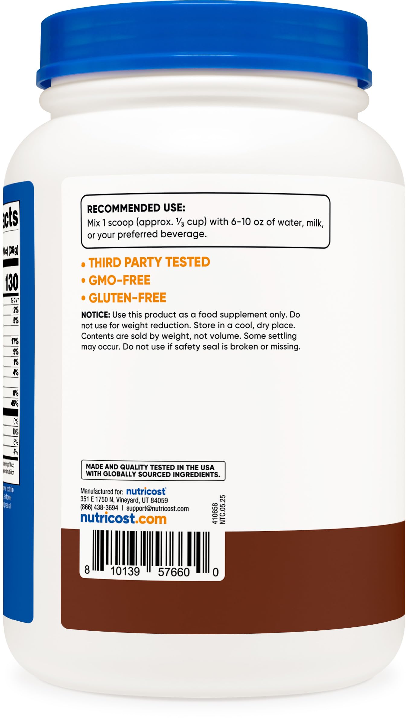 Nutricost protéine whey hydrolysée chocolat, étiquette claire sans allergènes courants.