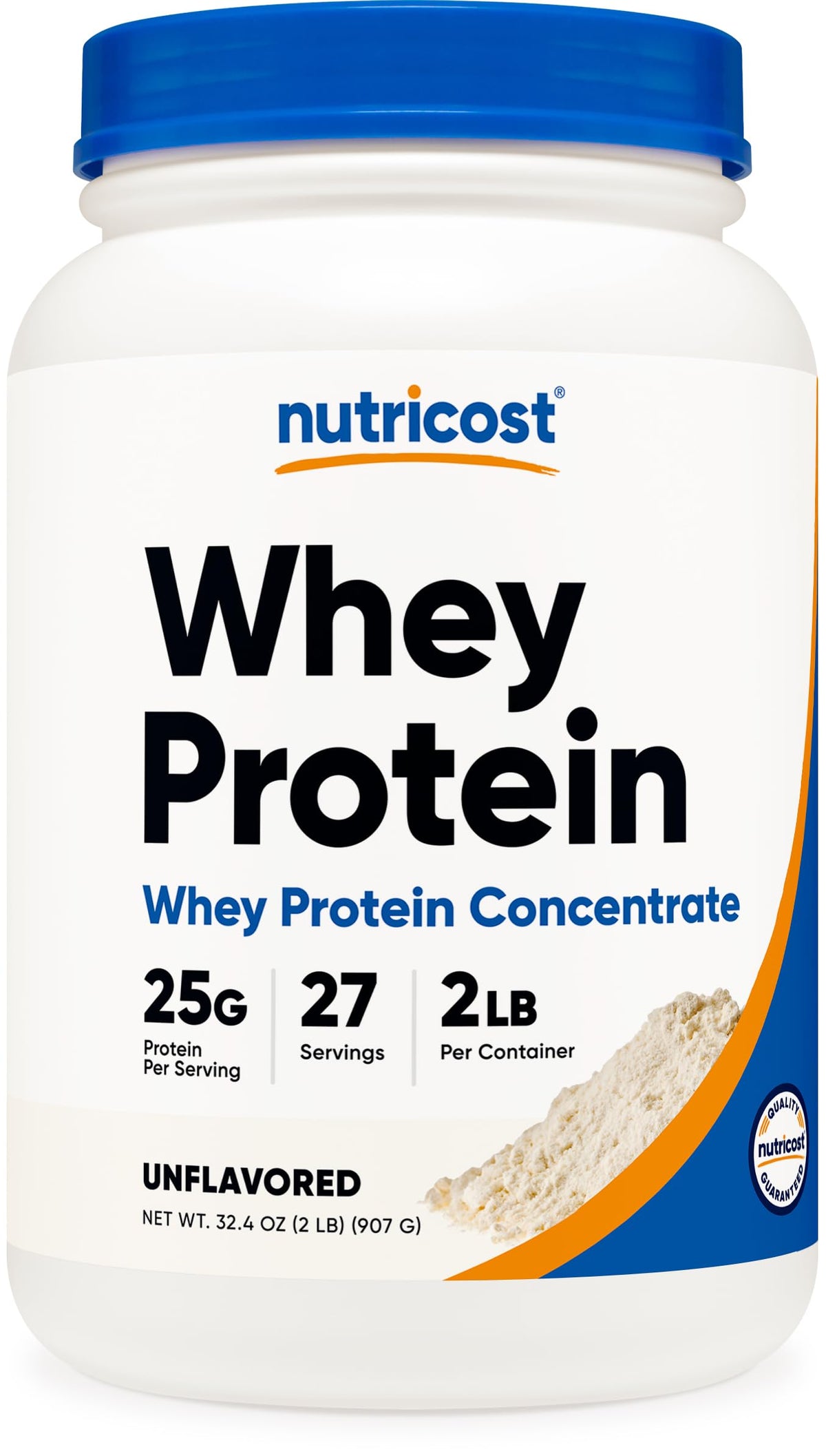 Nutricost Whey Protein Concentrate non aromatisée avec emballage clair et pratique.