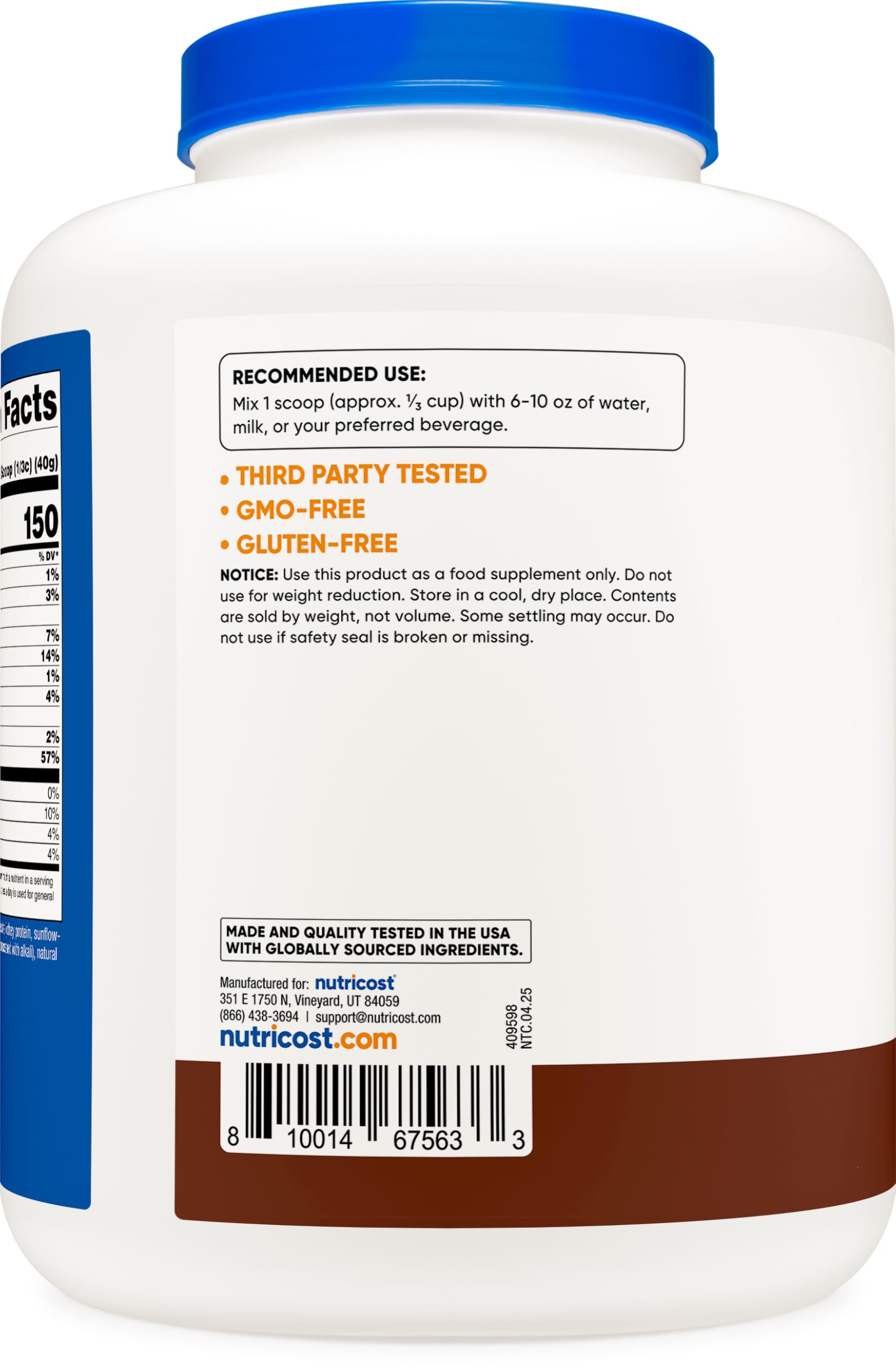 Pot Nutricost de 5 livres d’isolat whey chocolat, format pratique