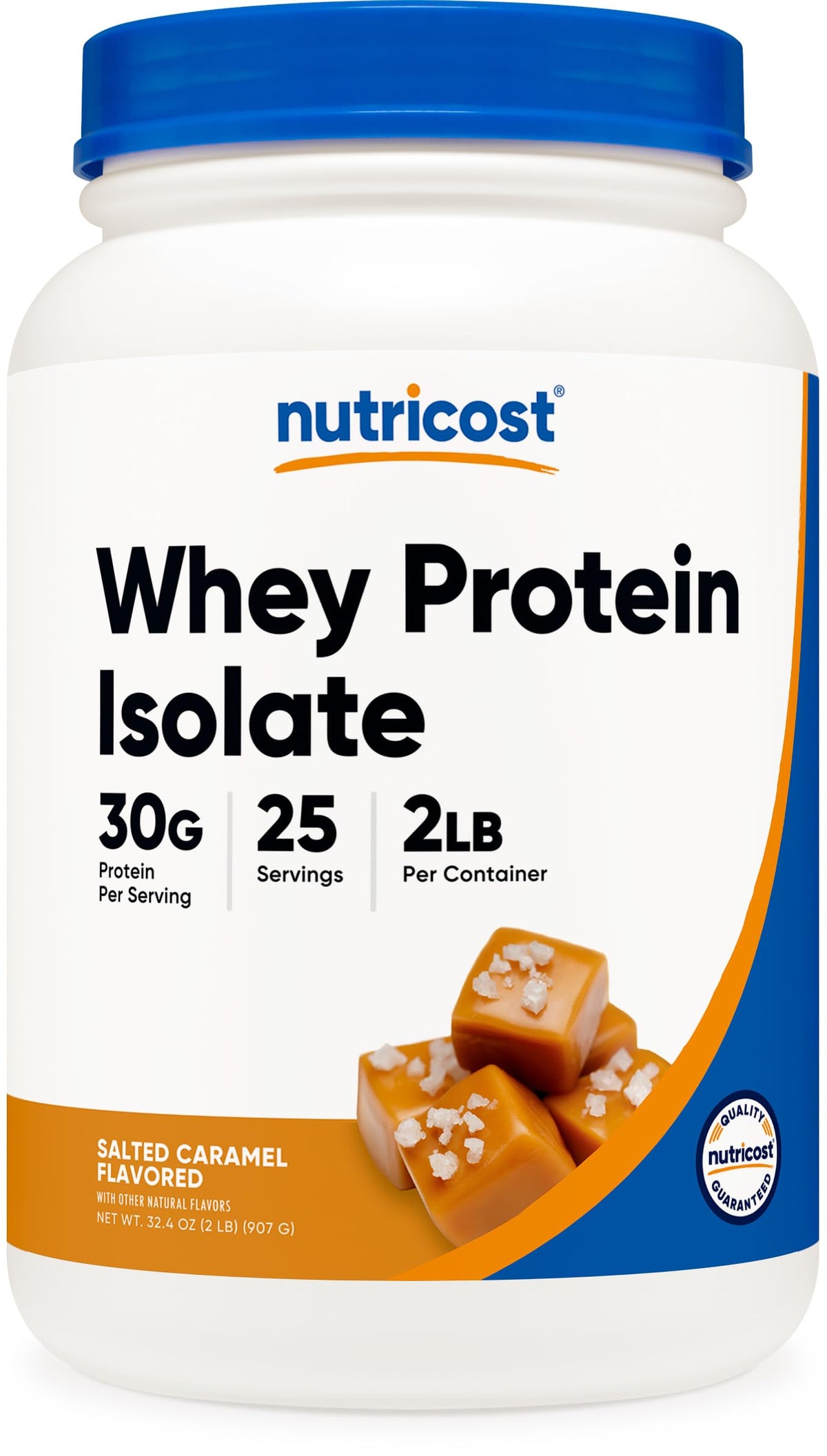 Nutricost Protéine de lactosérum isolat caramel salé, bouteille pratique après l’entraînement.