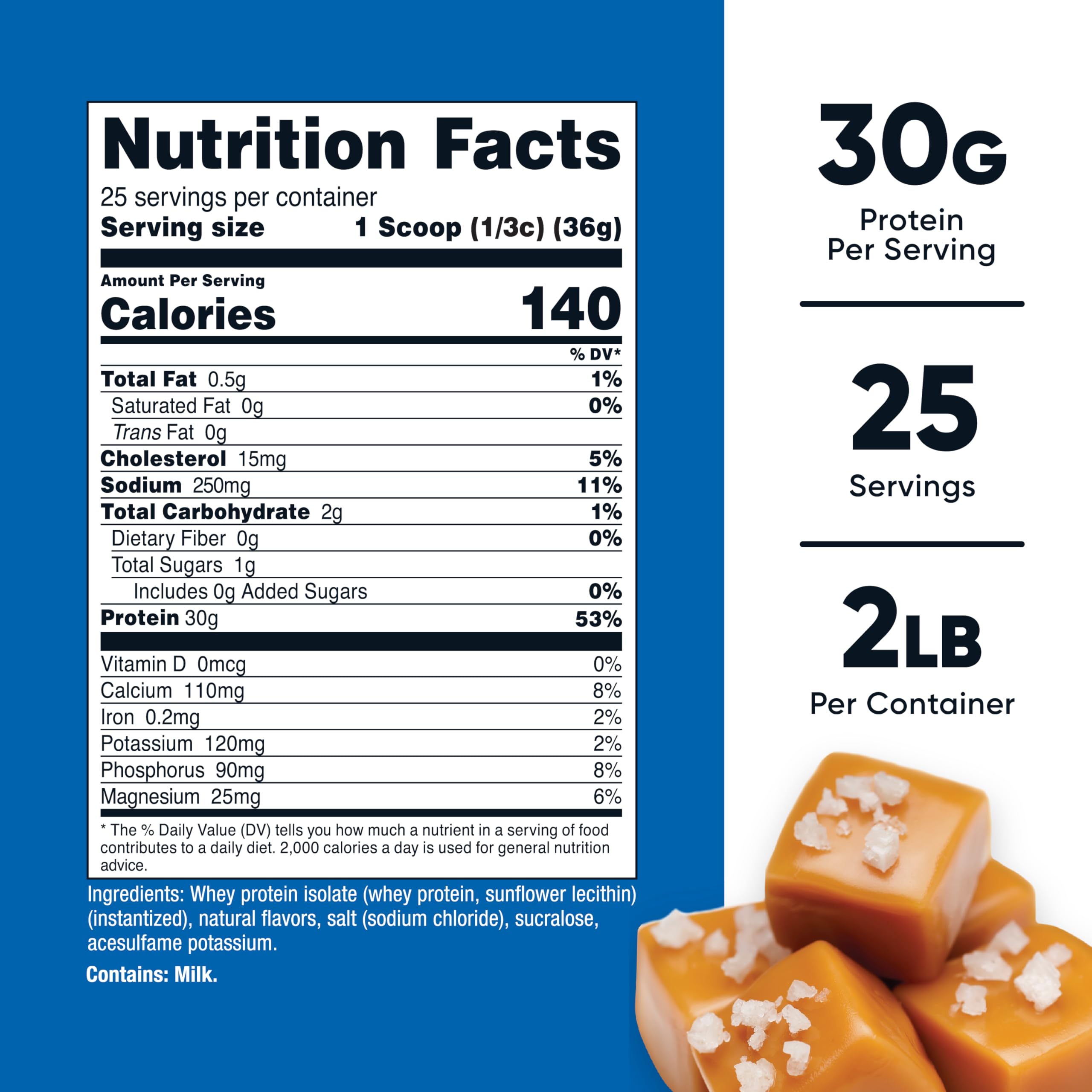 Nutricost Protéine isolat de lactosérum caramel salé, étiquette claire et informative.