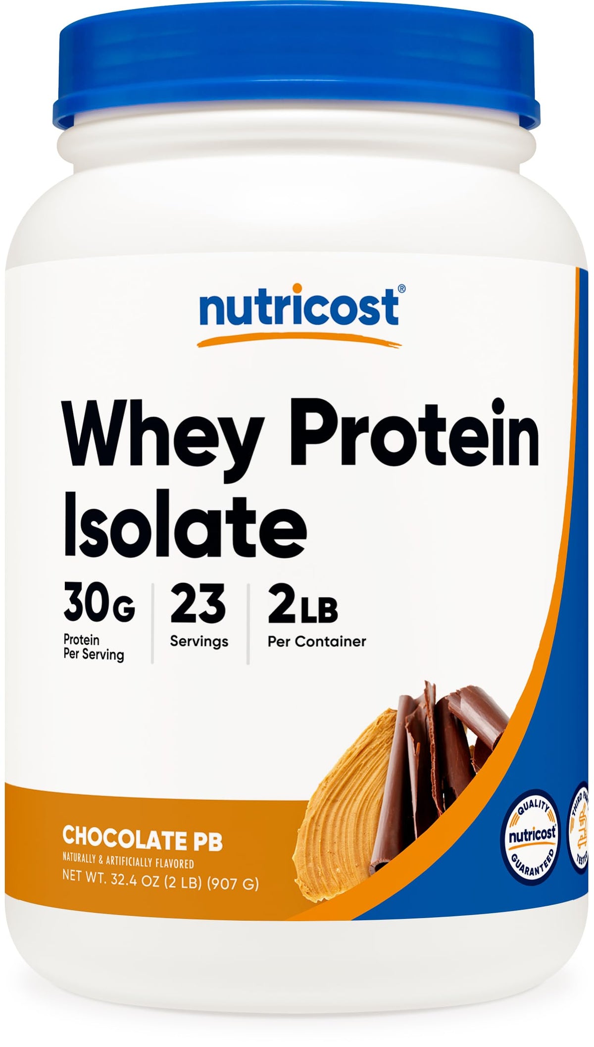 Nutricost Whey Protein Isolate chocolat beurre de cacahuète, emballage élégant et pratique.