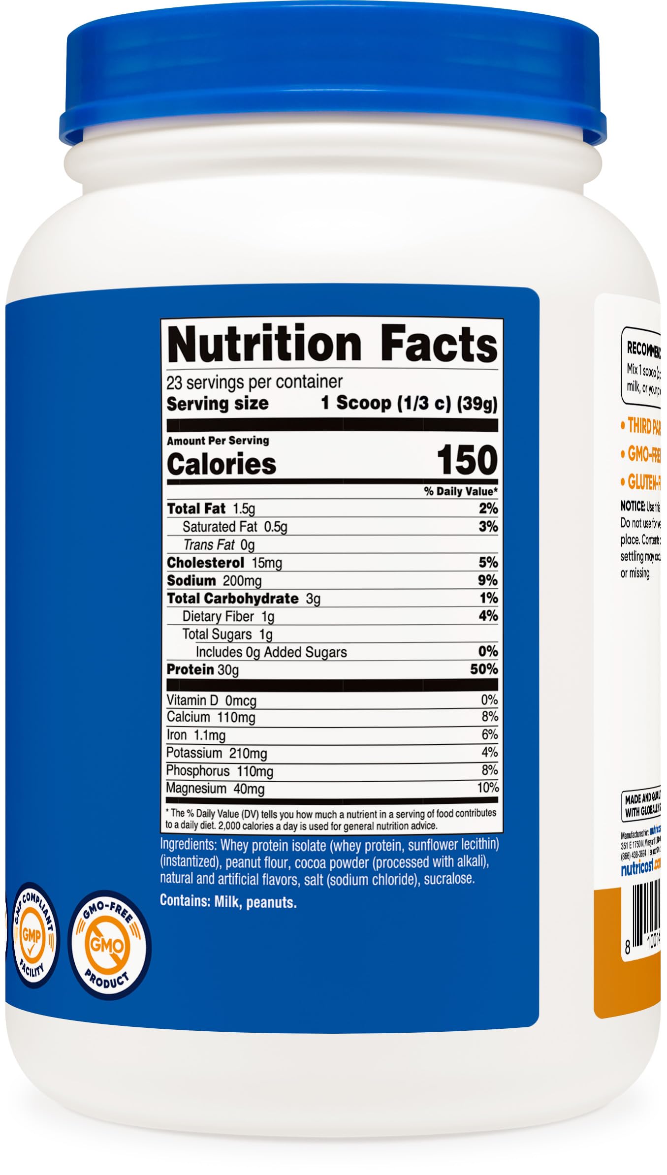 Fiche nutrition Nutricost montrant 30 g de protéine par portion.