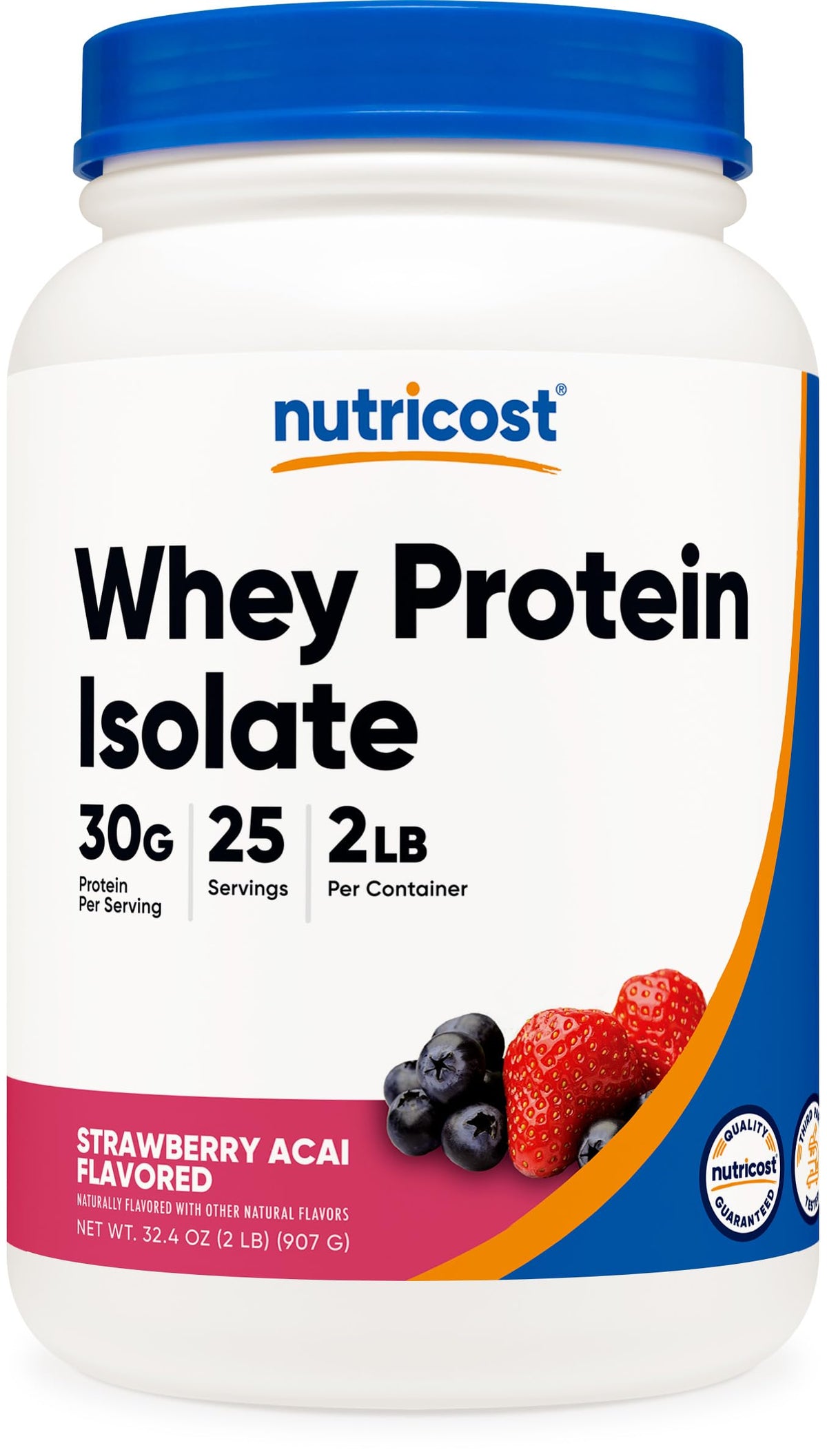 Nutricost Whey Protein Isolate Fraise Acai – bouteille pratique pour une prise quotidienne.