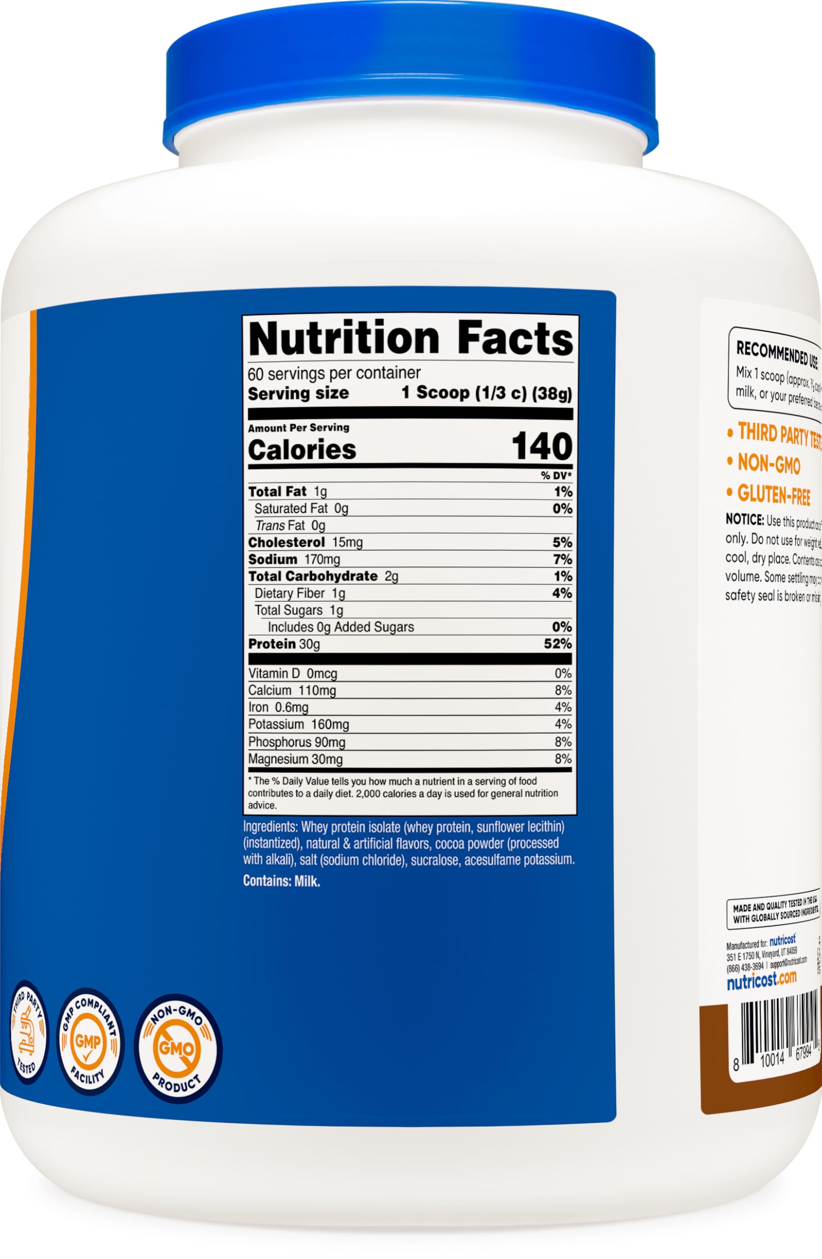 Nutricost Whey Protein Isolate Mocha, cuillère-mesure près du pot, portions faciles à doser.